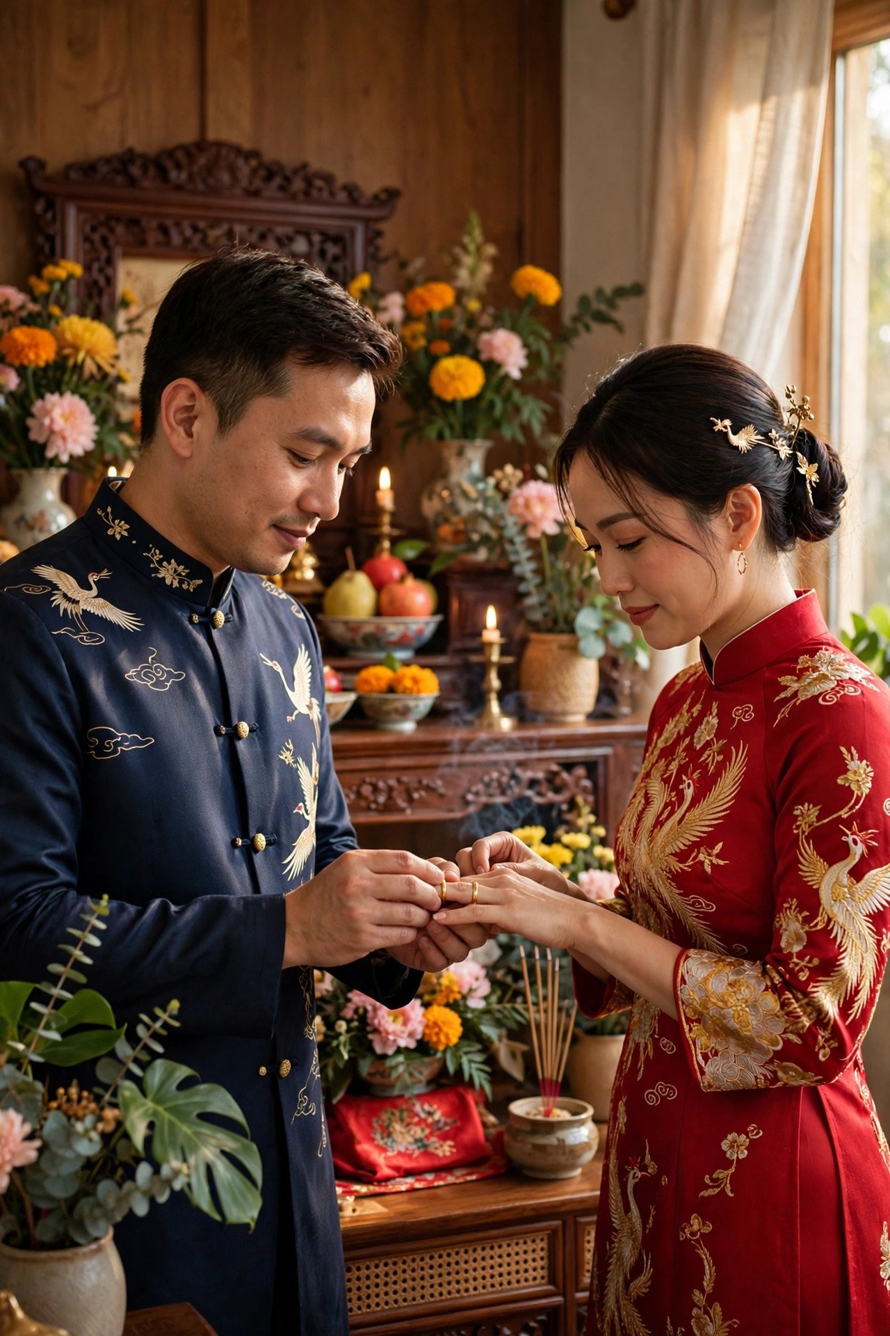 Couple exchanging gold rings at a home altar during a Vietnamese wedding ceremony