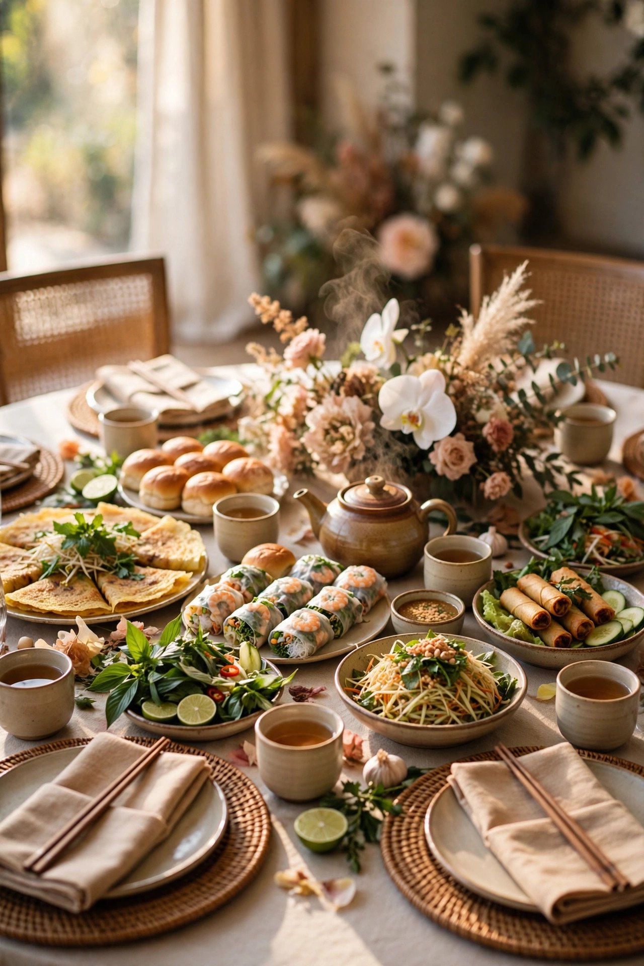 Round banquet table filled with shared Vietnamese celebration dishes and tea