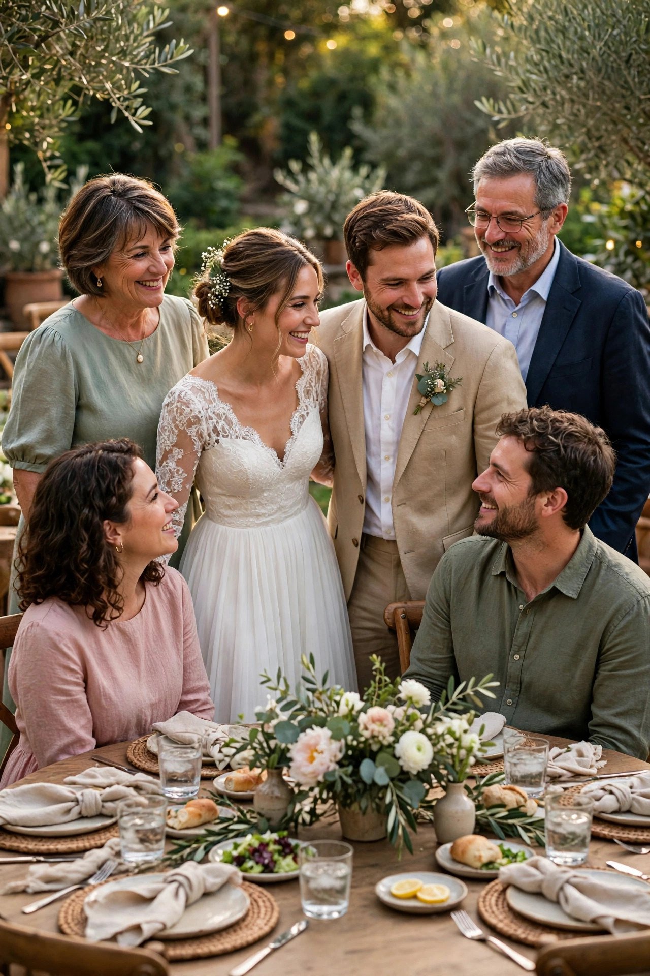 Couple and their parents greeting guests at a round banquet table
