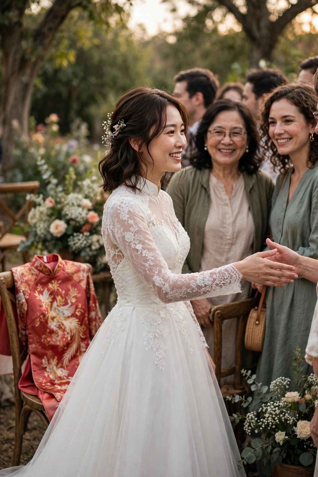 Bride in a white Western gown greeting guests after changing from her ao dai