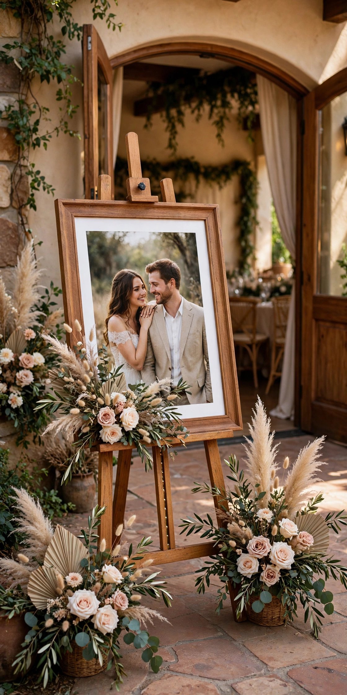Large framed pre-wedding portrait of a couple displayed on an easel at a banquet entrance