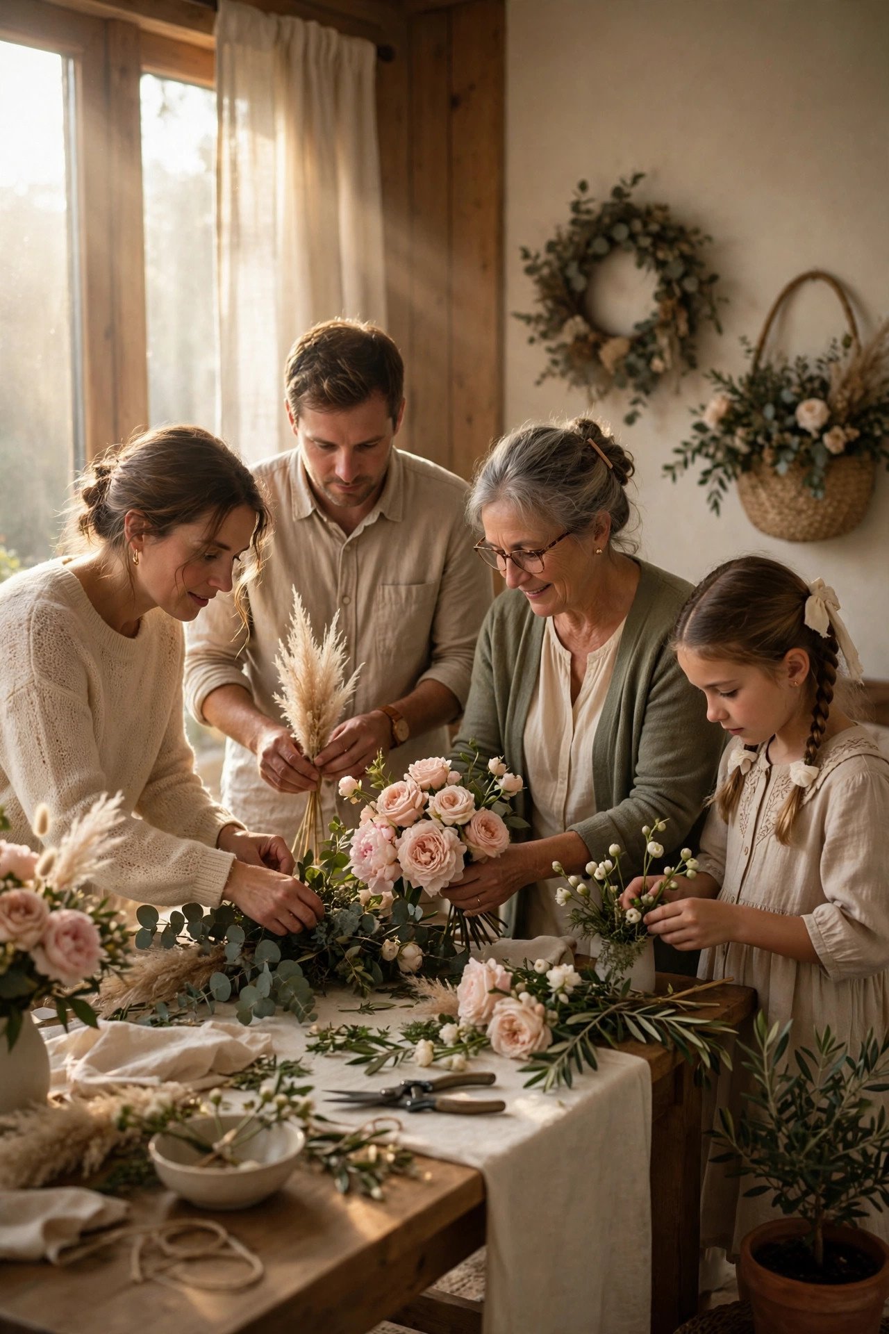 Soft early morning light through a window as a family prepares a wedding altar