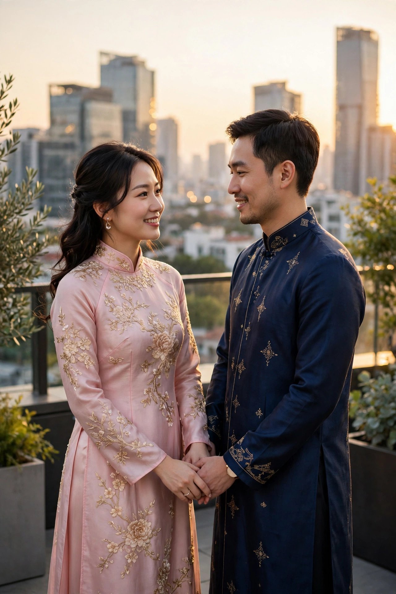 Couple in ao dai holding hands with a modern city skyline behind them