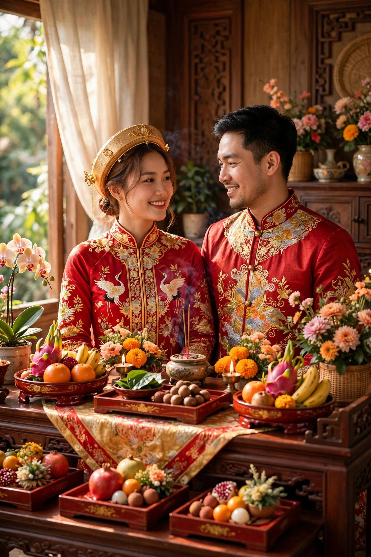 Vietnamese bride and groom in red and gold ao dai standing before a family altar with red lacquered gift trays
