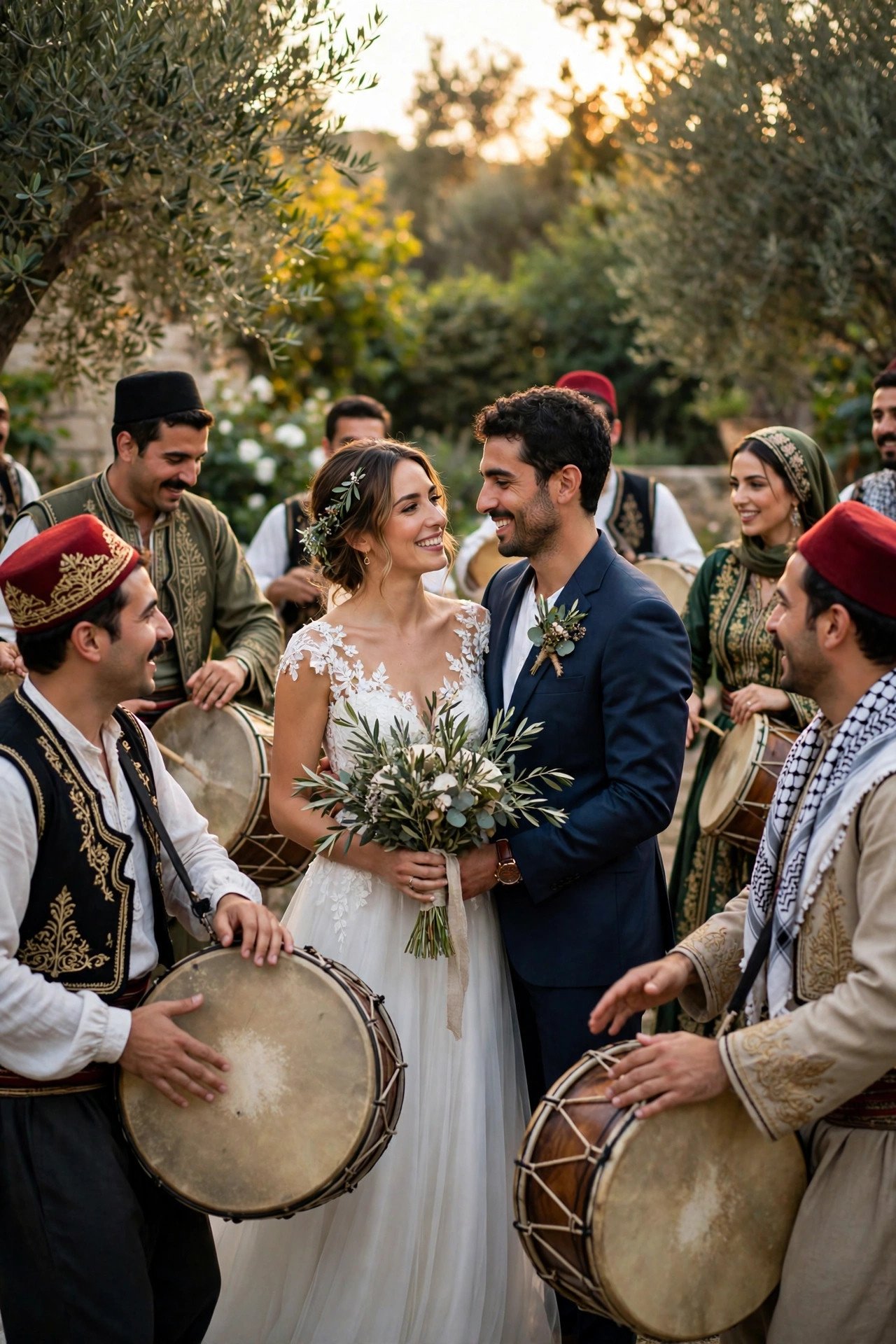 Zaffe troupe in traditional dress performing with drums around a newlywed couple