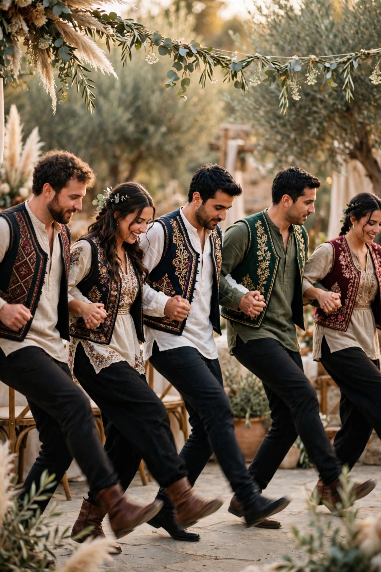 Dabke dancers in embroidered vests performing synchronized stomping steps