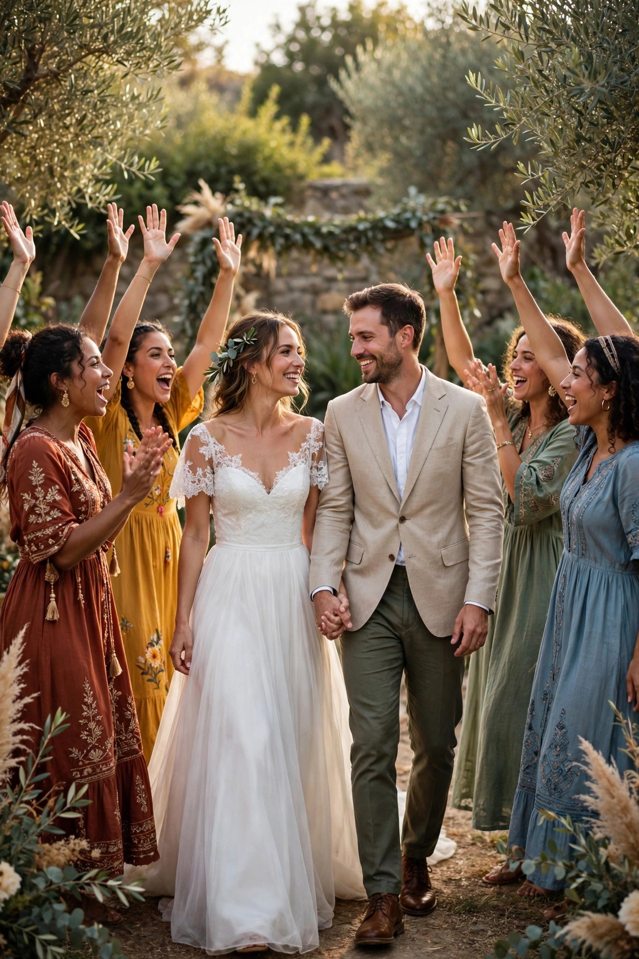 Women in celebration dresses ululating with raised hands as a couple enters