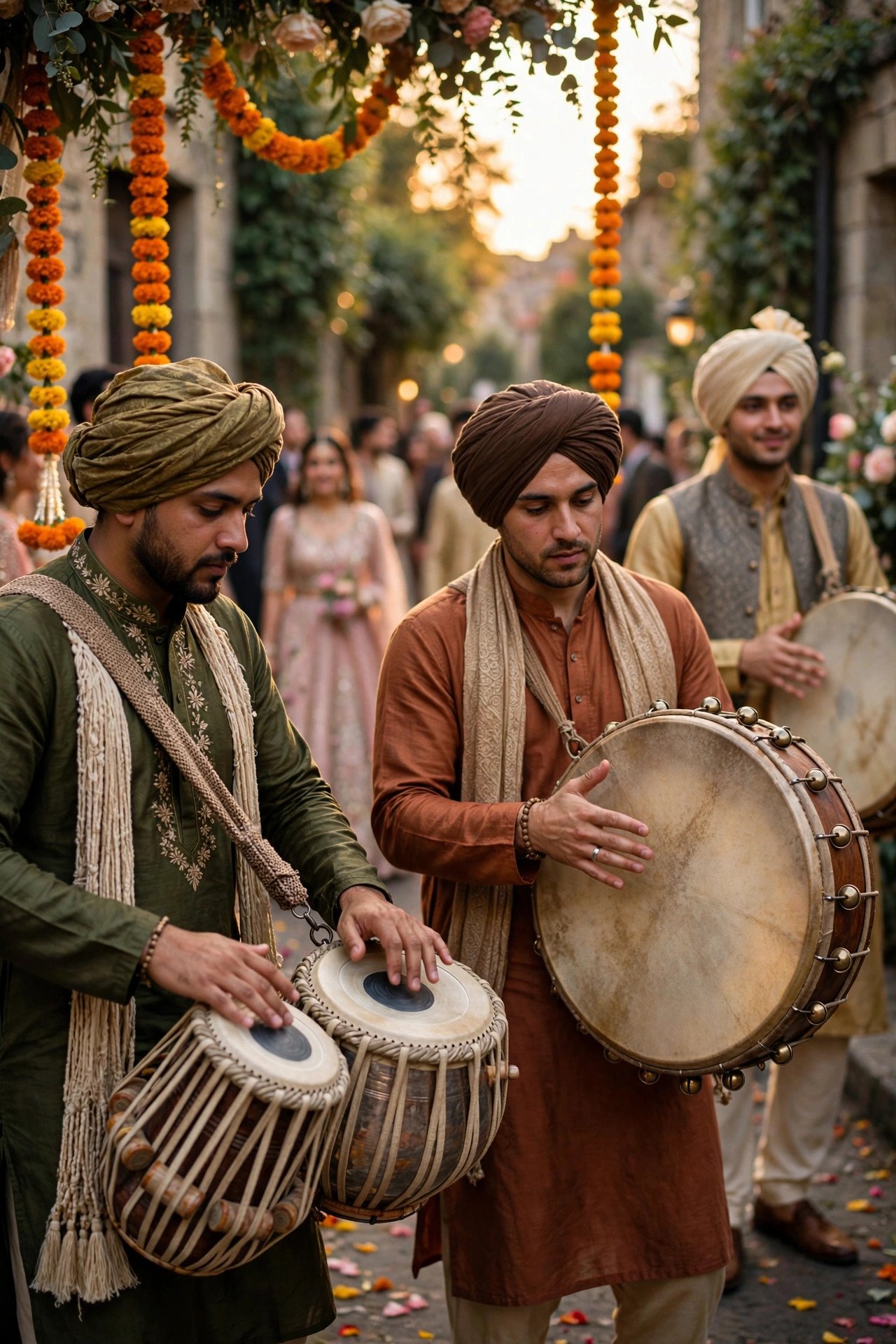 Drummers playing tabl and daf drums during a wedding procession
