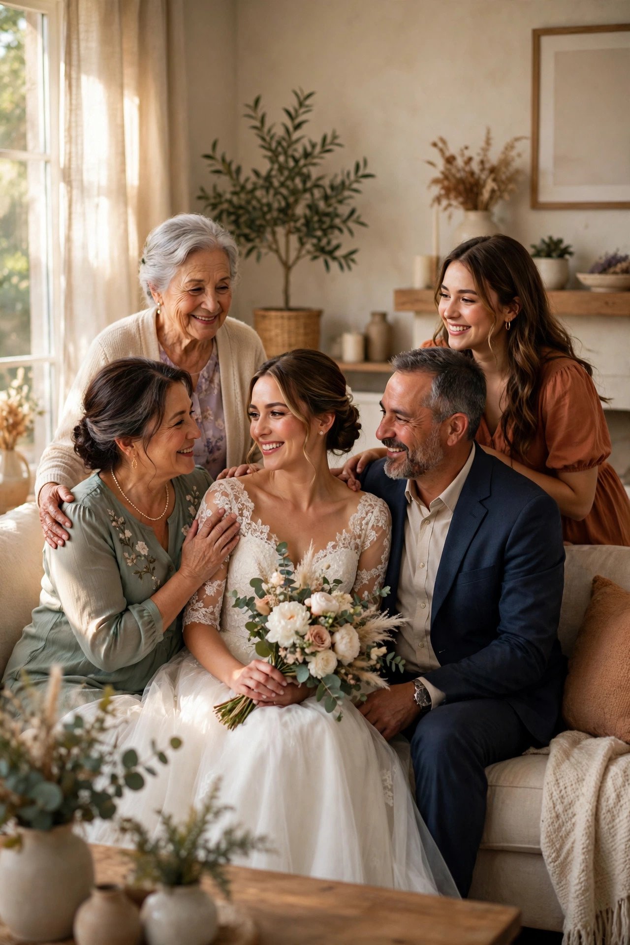 Bride in her gown surrounded by family in her parents' living room before the ceremony