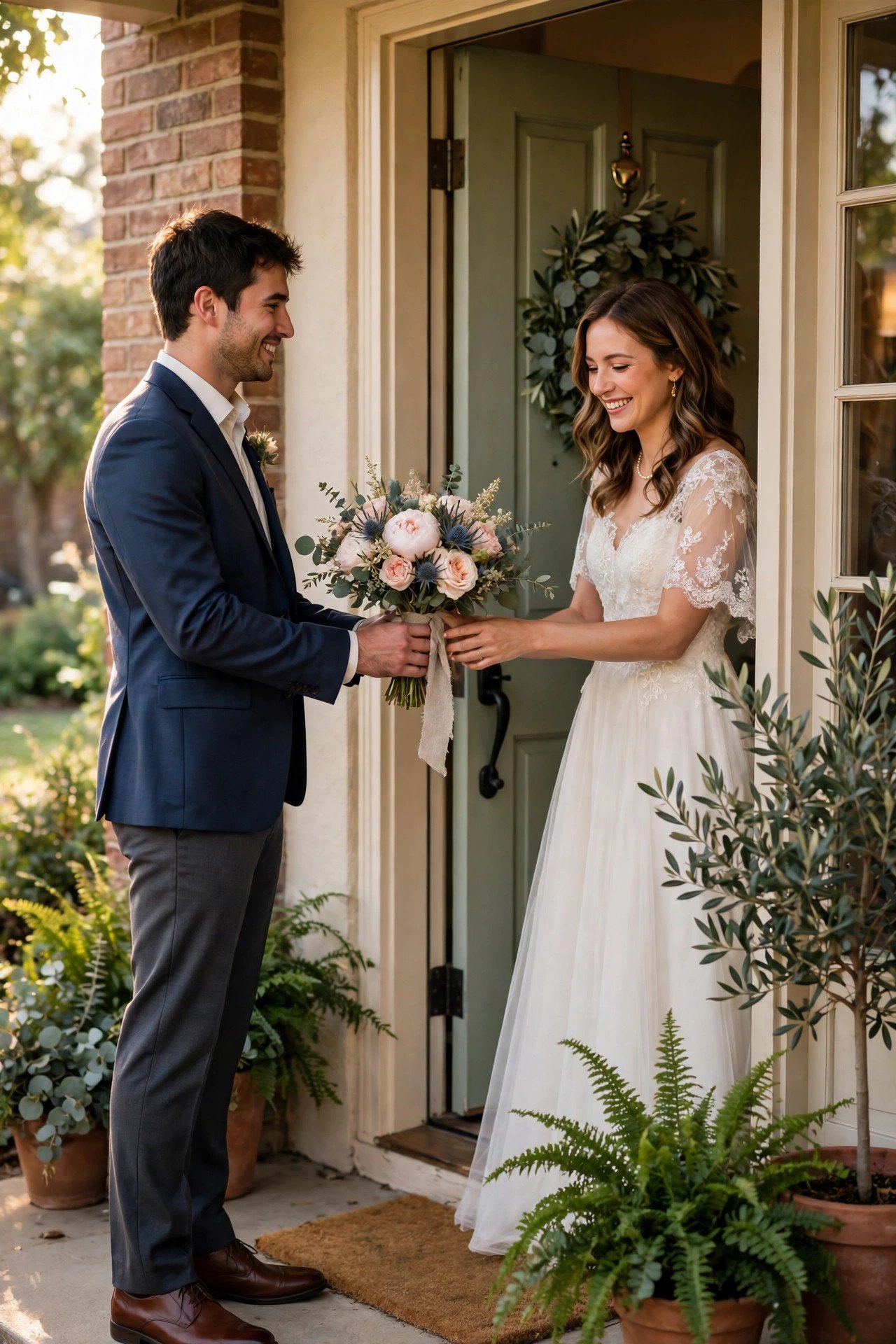 Groom in a suit presenting a bouquet to his bride at her family's front door
