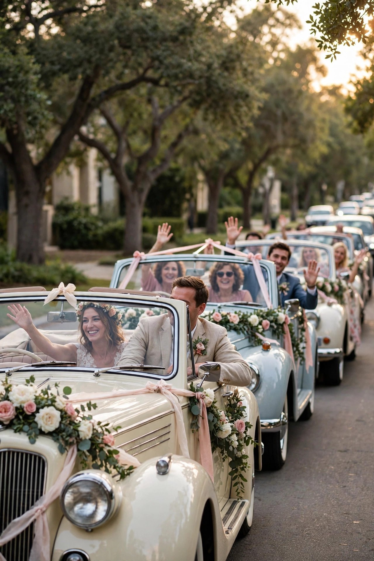 Line of decorated wedding cars with flowers and ribbons driving with guests waving