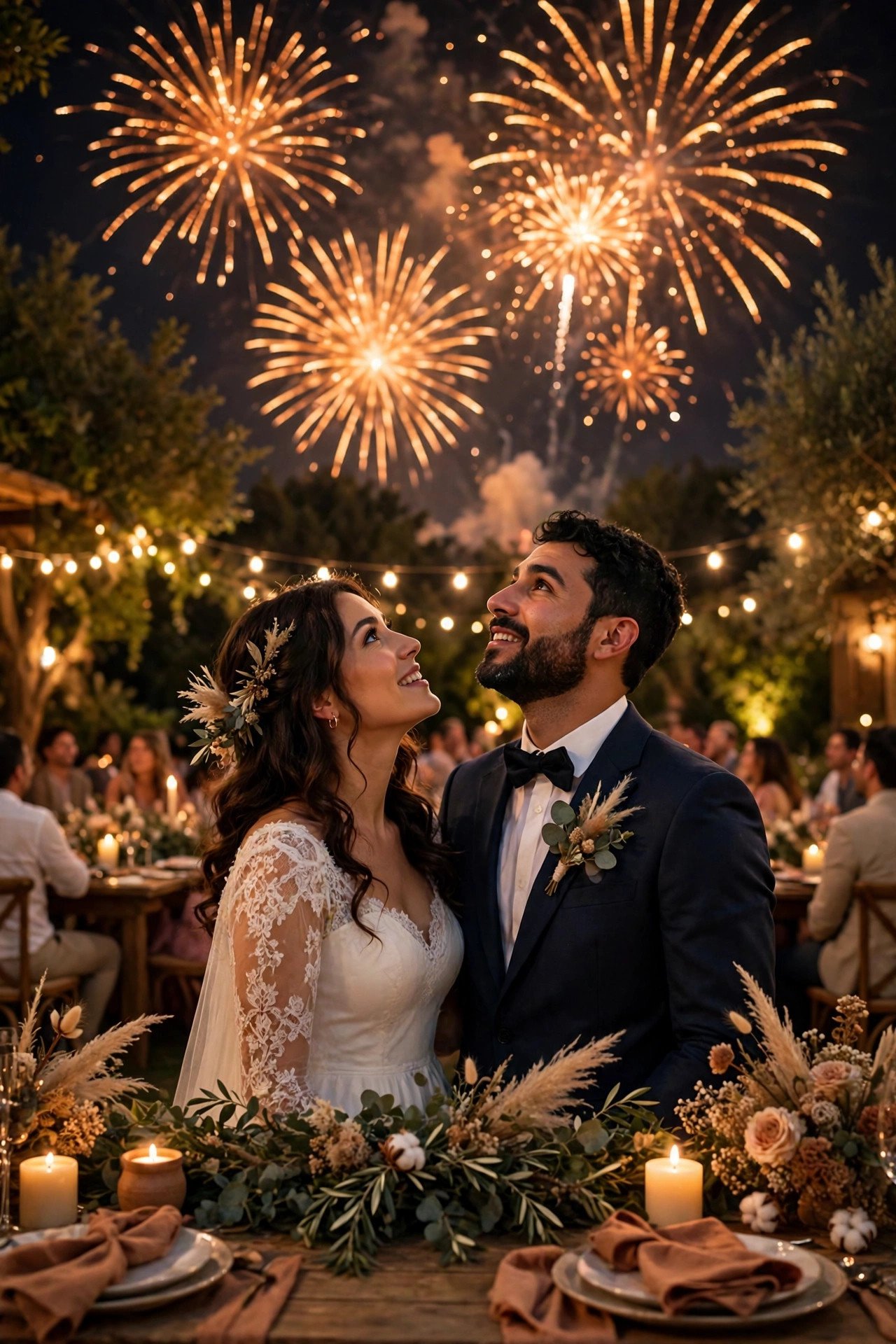 Fireworks bursting above an outdoor wedding reception at night