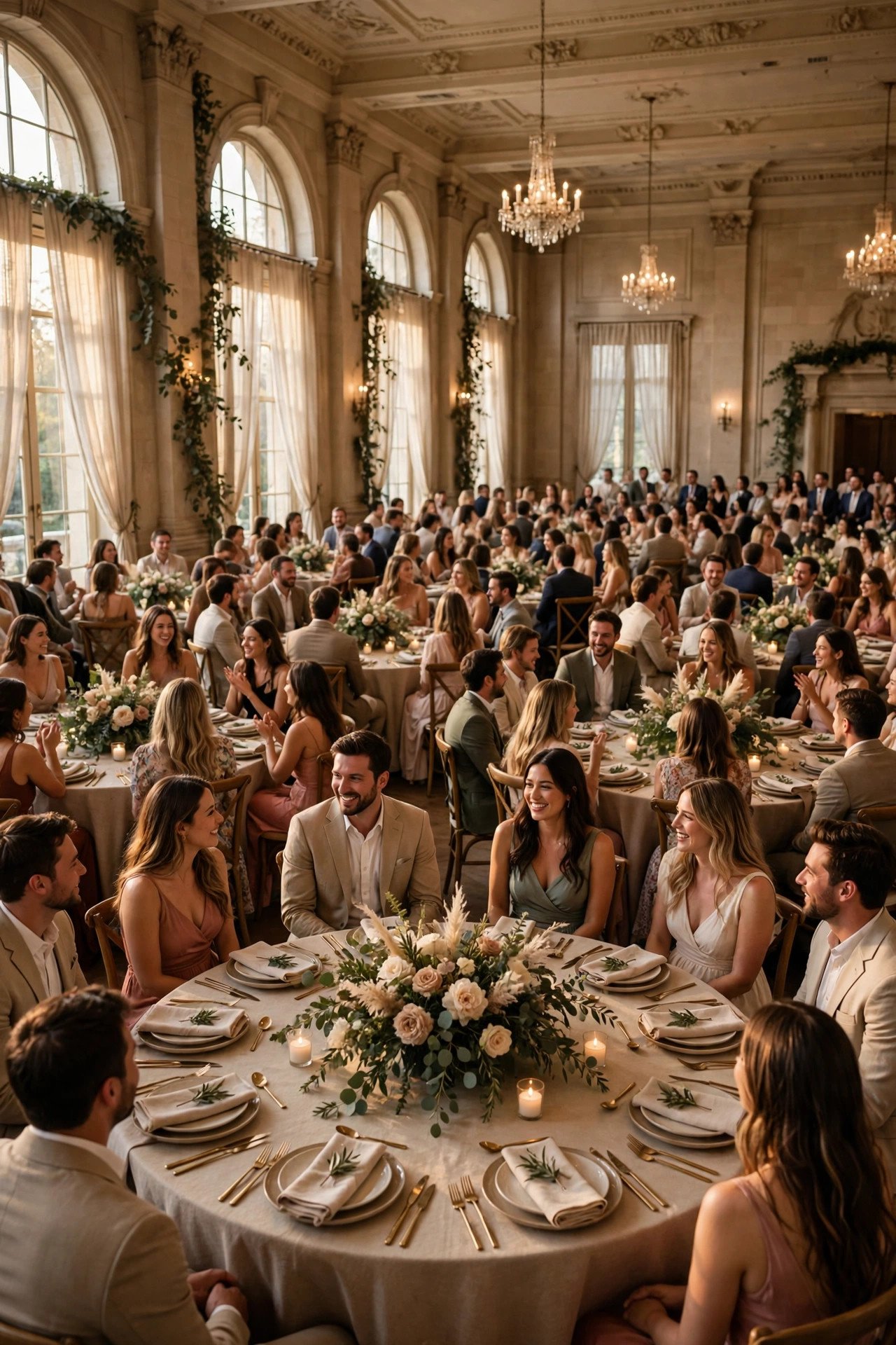 Large ballroom filled with round tables of wedding guests celebrating