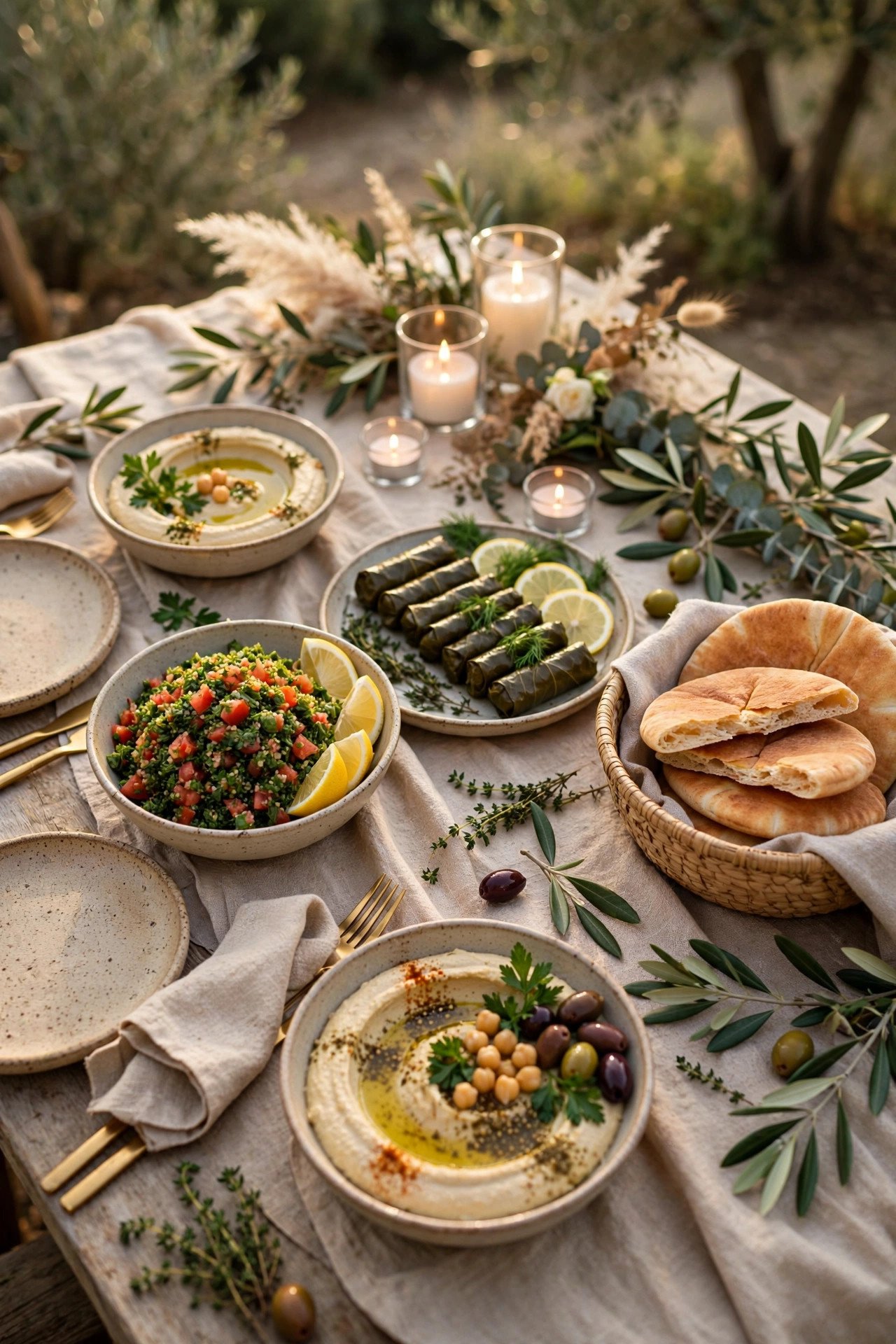 Wedding table covered with mezze dishes of hummus, tabbouleh, vine leaves and warm bread
