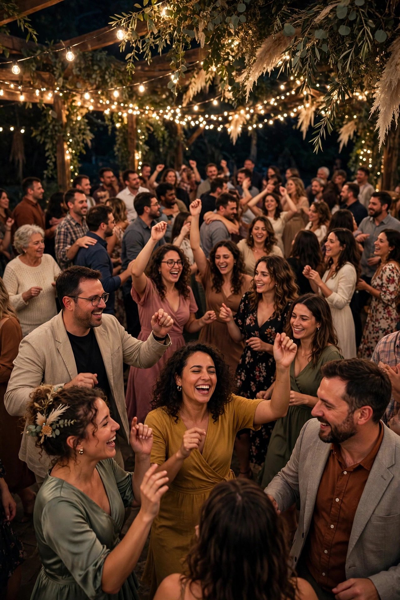 Packed dance floor of guests celebrating late at night under party lights