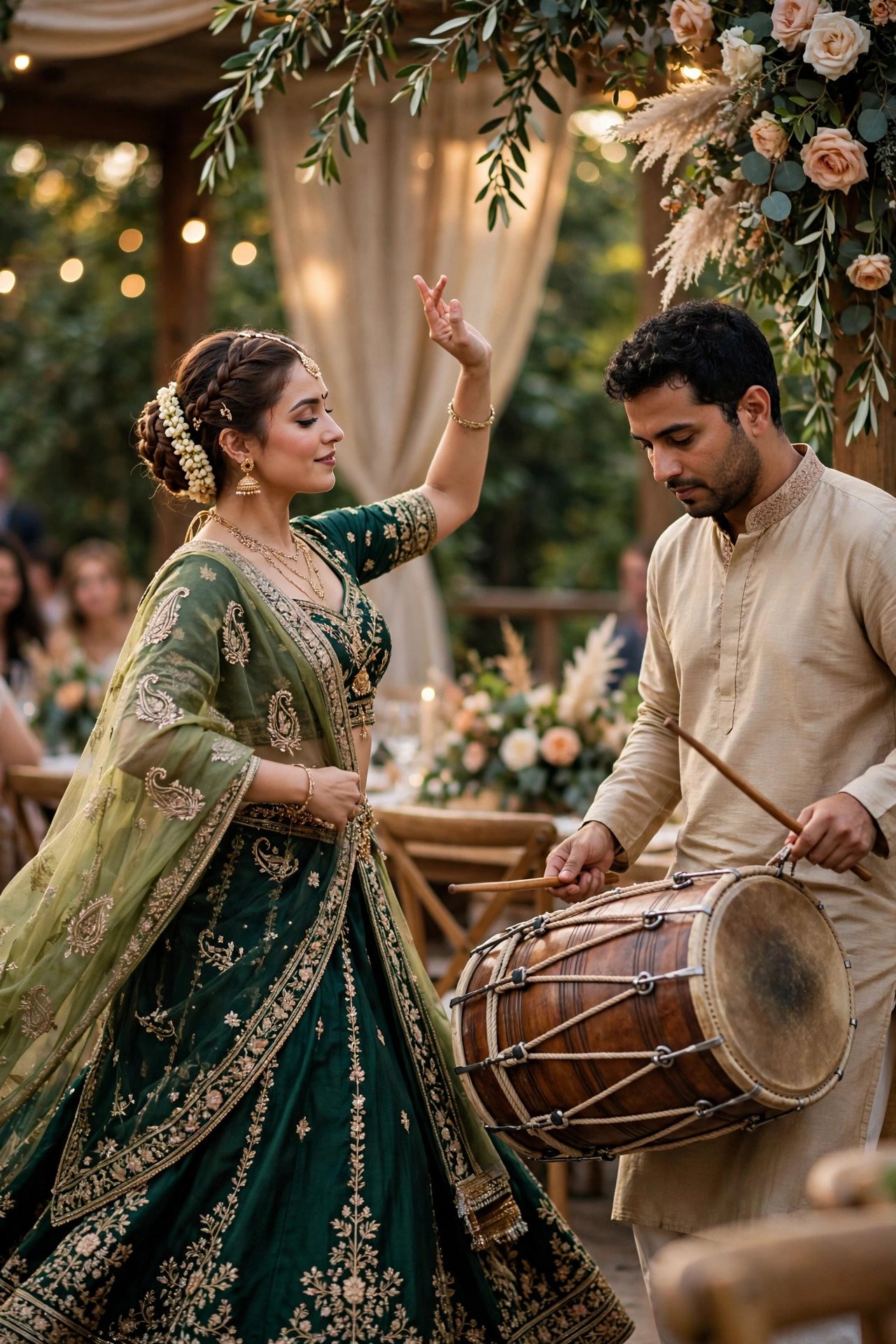 Professional belly dancer performing with a live drummer at a wedding reception