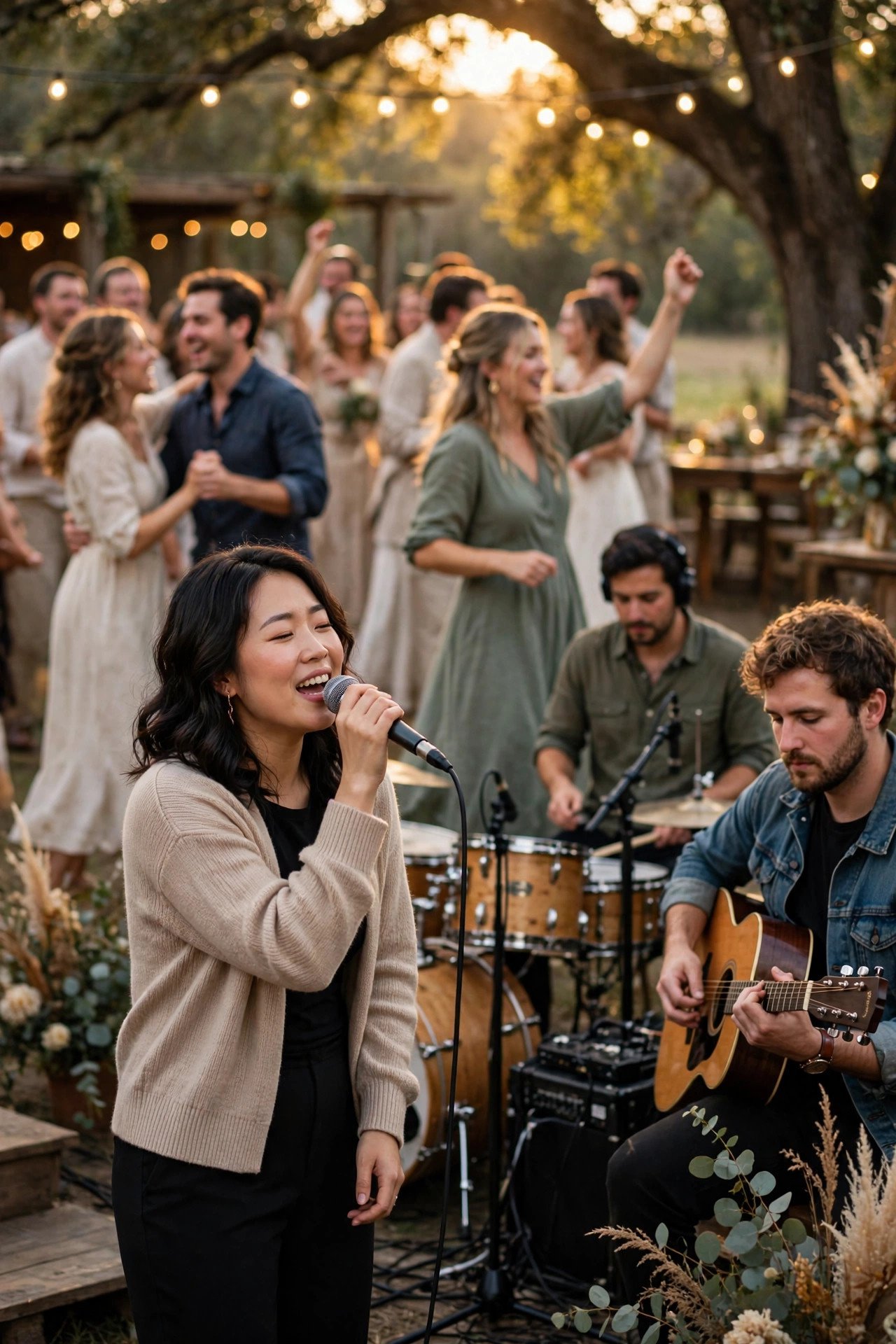 Live singer performing Arabic wedding songs with a band as guests dance
