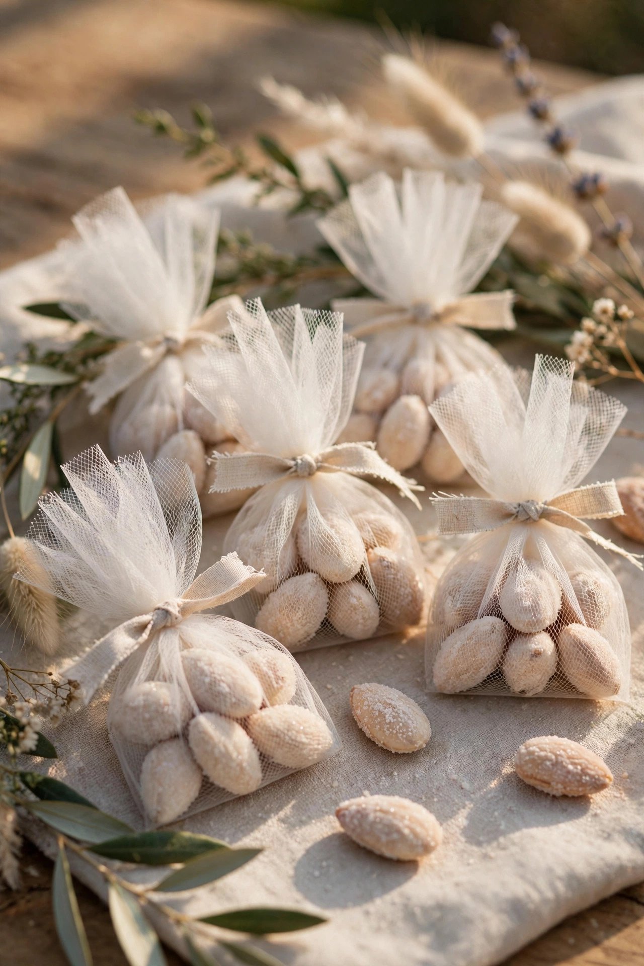 Small tulle bundles of white sugared almonds tied with ribbon as wedding favors