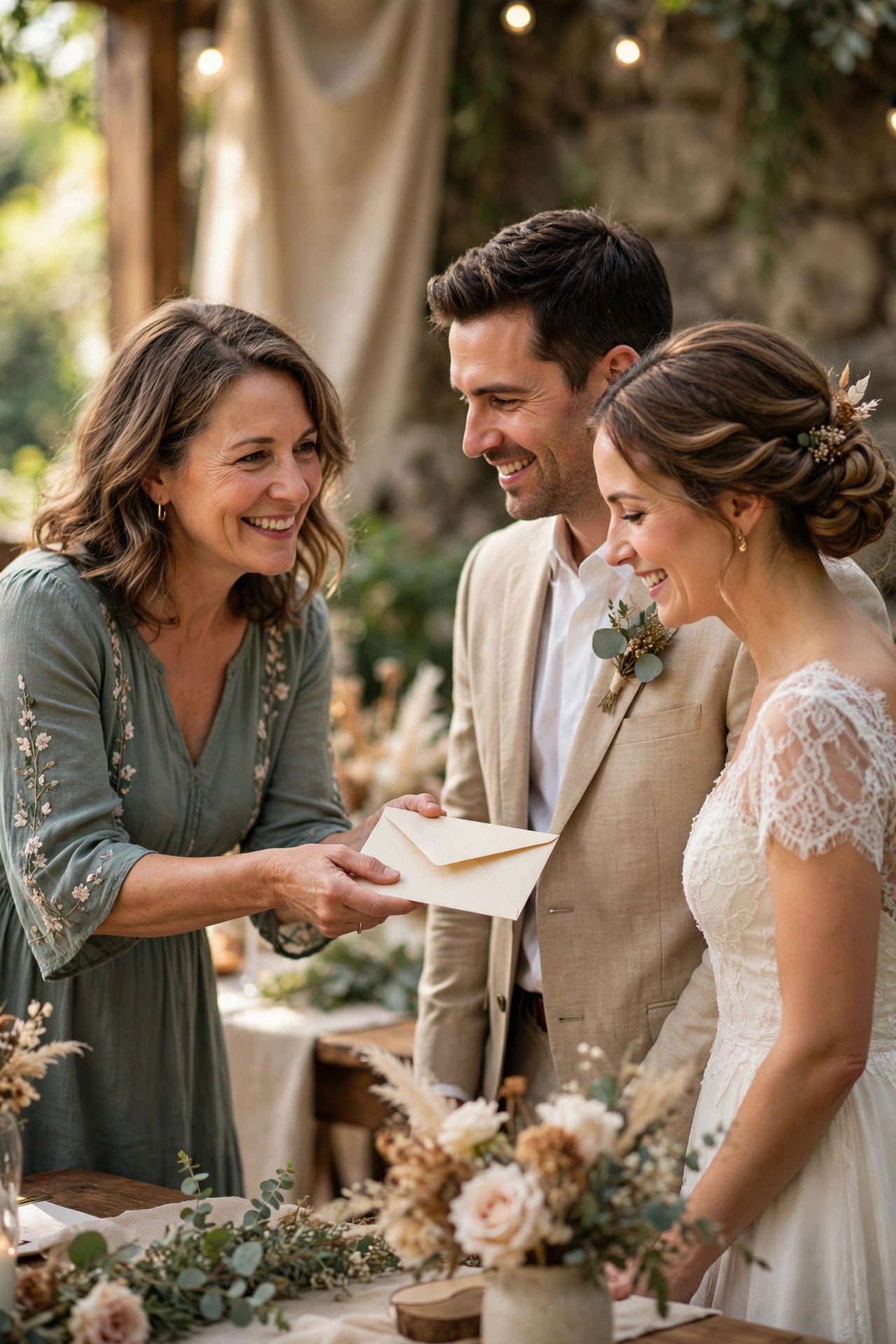 Guest presenting a gift envelope to a couple during a wedding reception