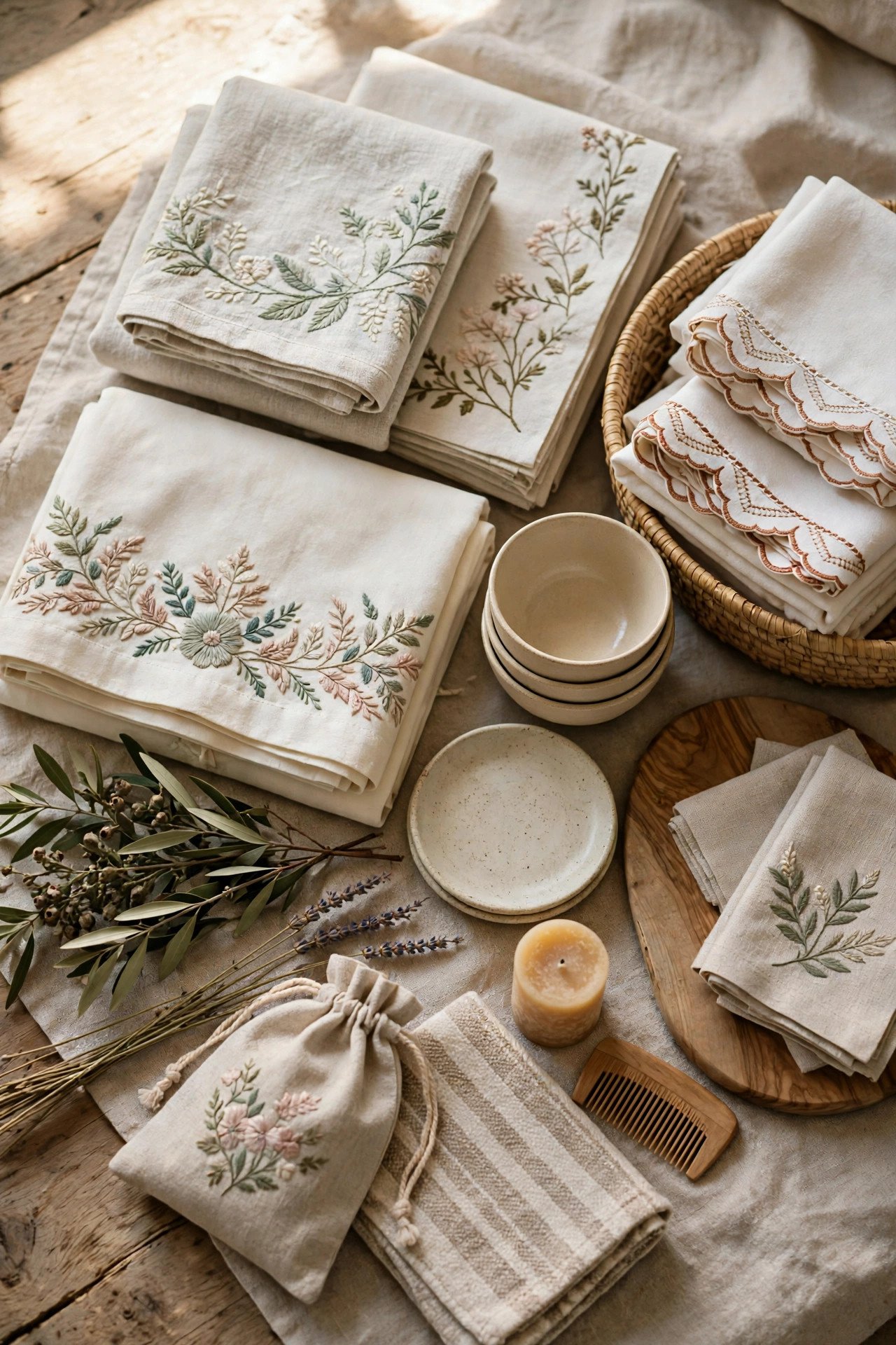 Neatly folded embroidered linens and new household goods arranged as a trousseau