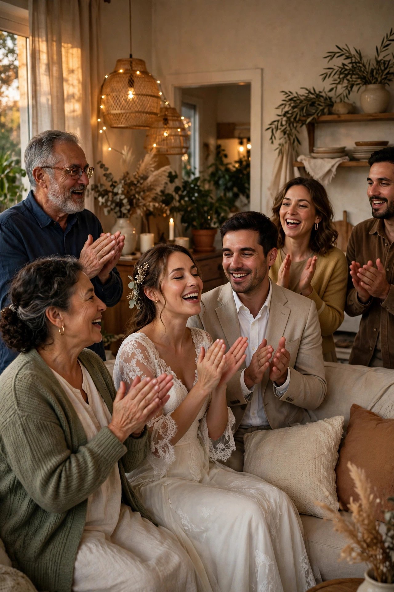 Family and friends singing and clapping during an evening celebration at home
