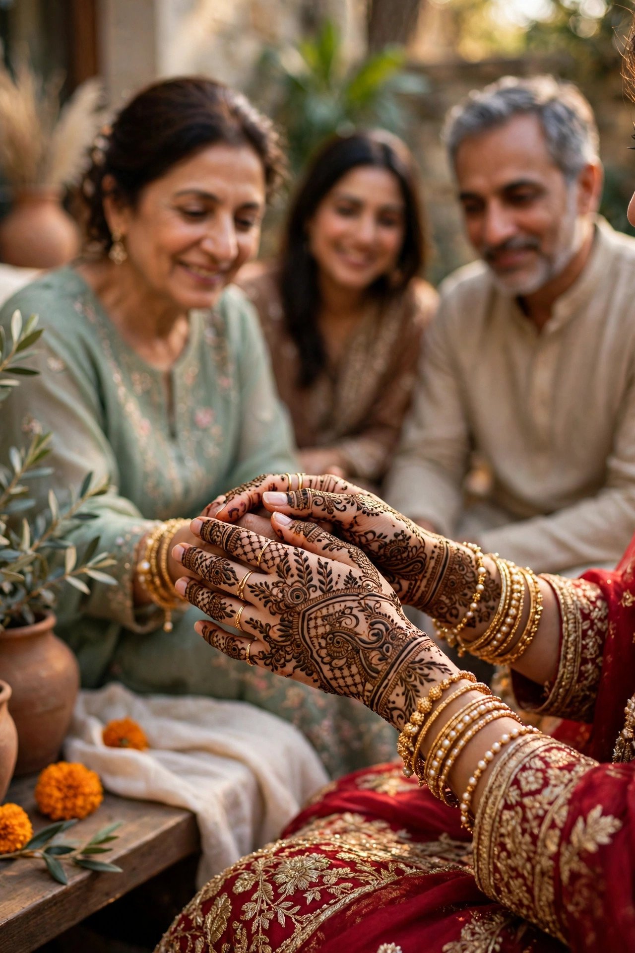 Bride's hands decorated with henna patterns at a small family gathering
