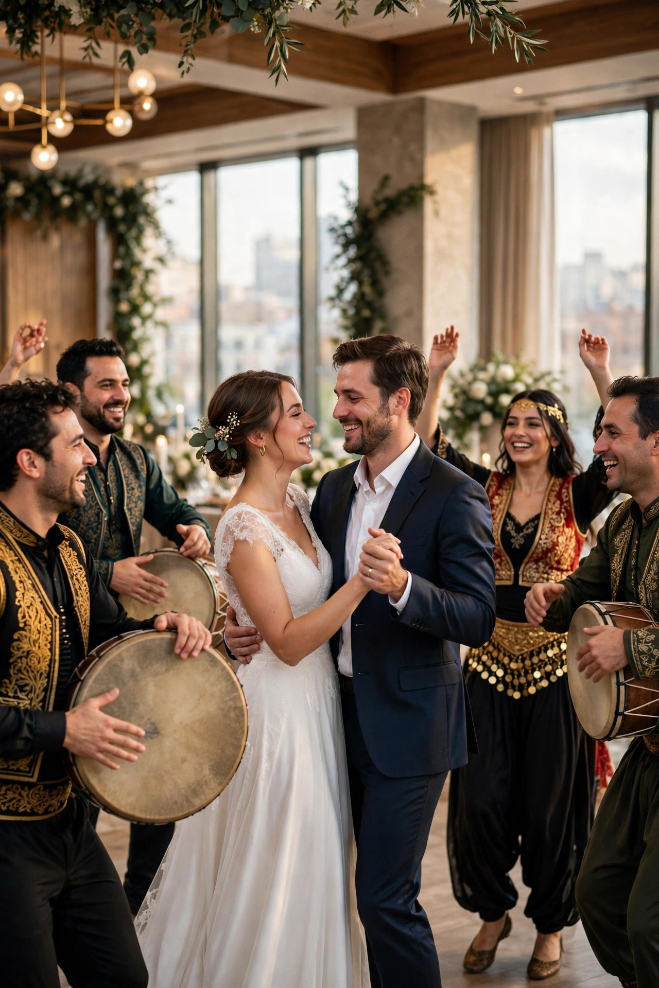 Couple dancing with a zaffe troupe at a modern ballroom reception in a Western city