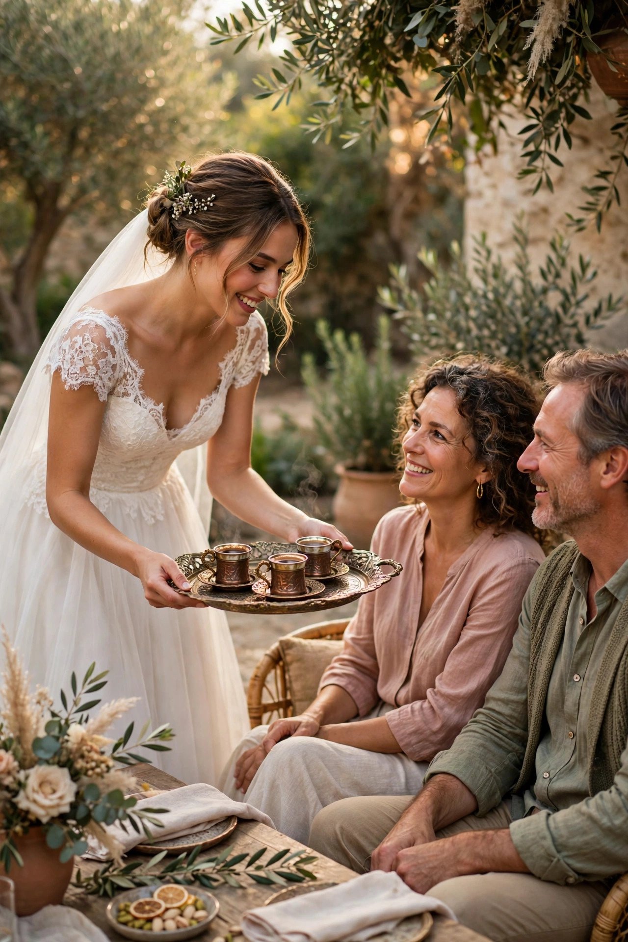Bride serving small cups of Turkish coffee on an ornate tray to seated guests