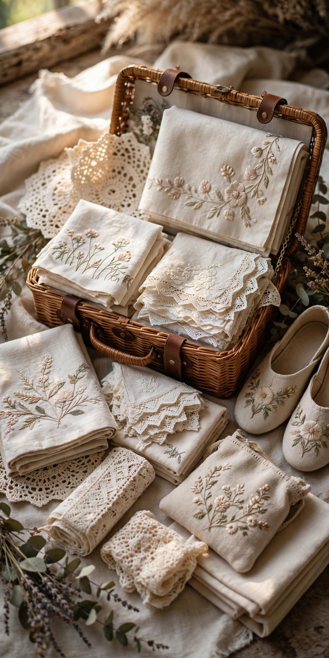 Display of embroidered linens, lace and handmade goods arranged as a bride's trousseau