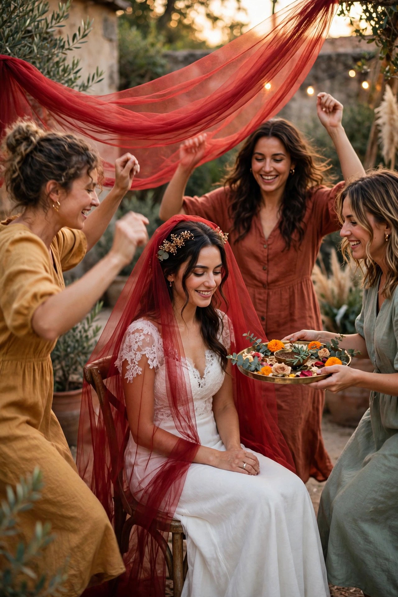 Bride seated under a red veil while friends dance around her carrying a henna tray