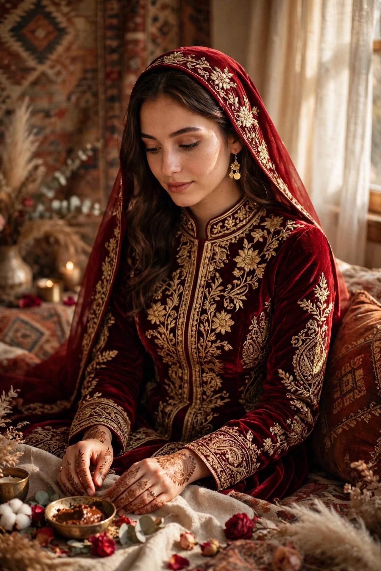 Bride wearing a deep red velvet bindalli dress with gold embroidery at her henna night