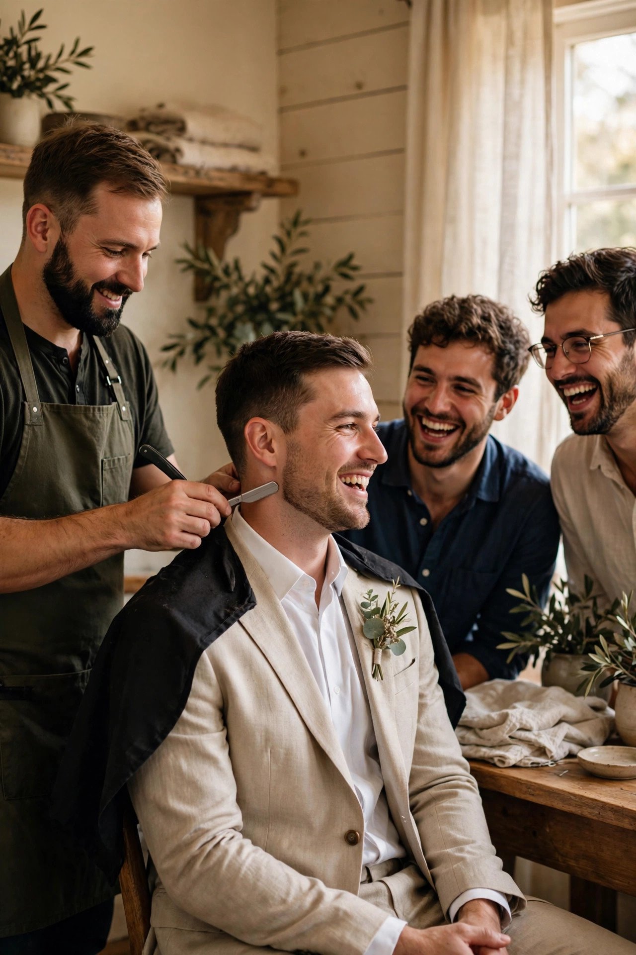 Barber giving a groom a ceremonial shave while friends watch and laugh