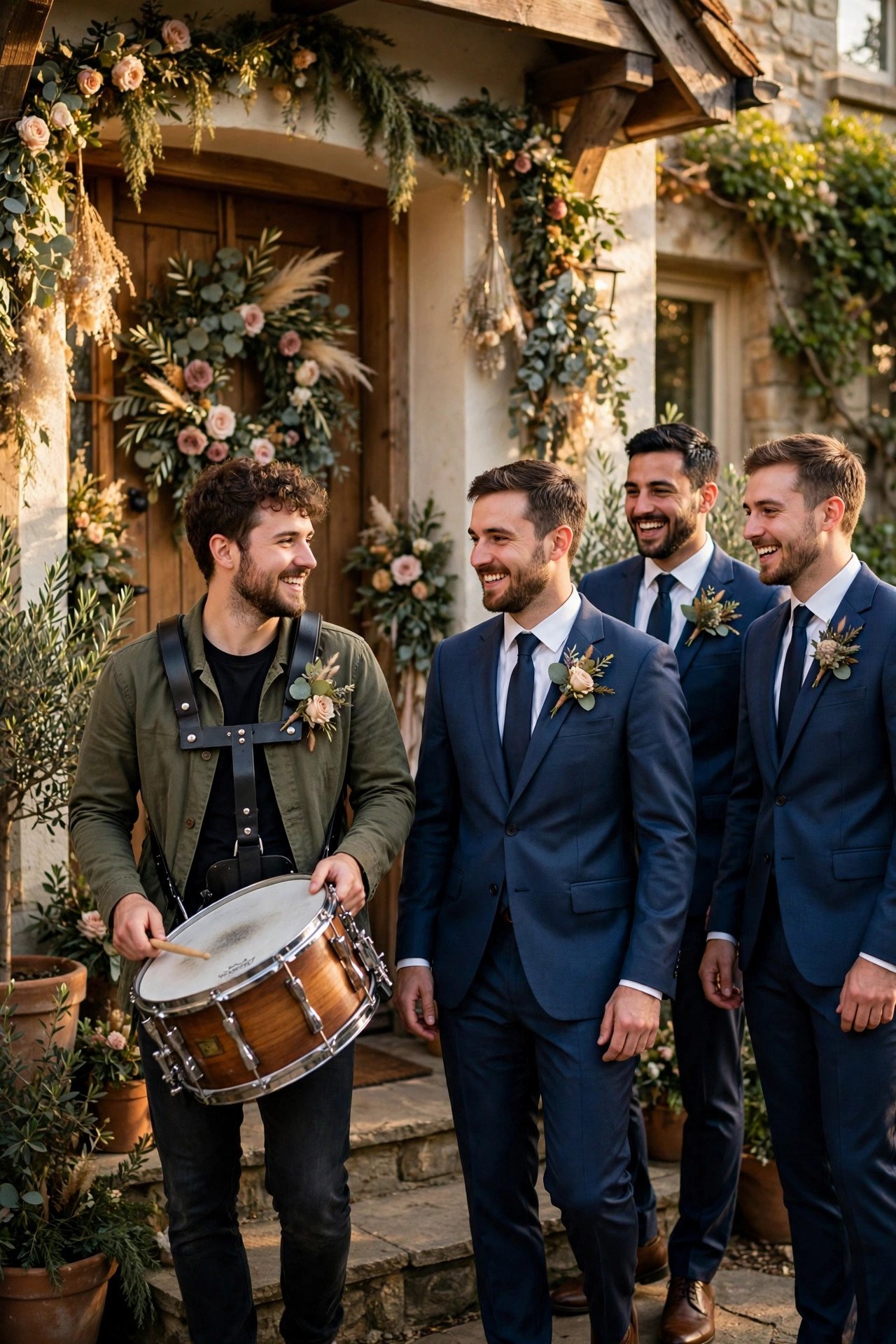 Groom's party with drummer arriving at a bride's family home decorated for the celebration