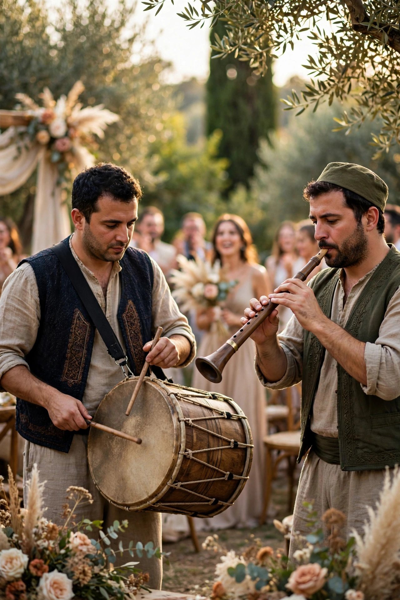 Musicians playing davul drum and zurna at a wedding celebration outdoors