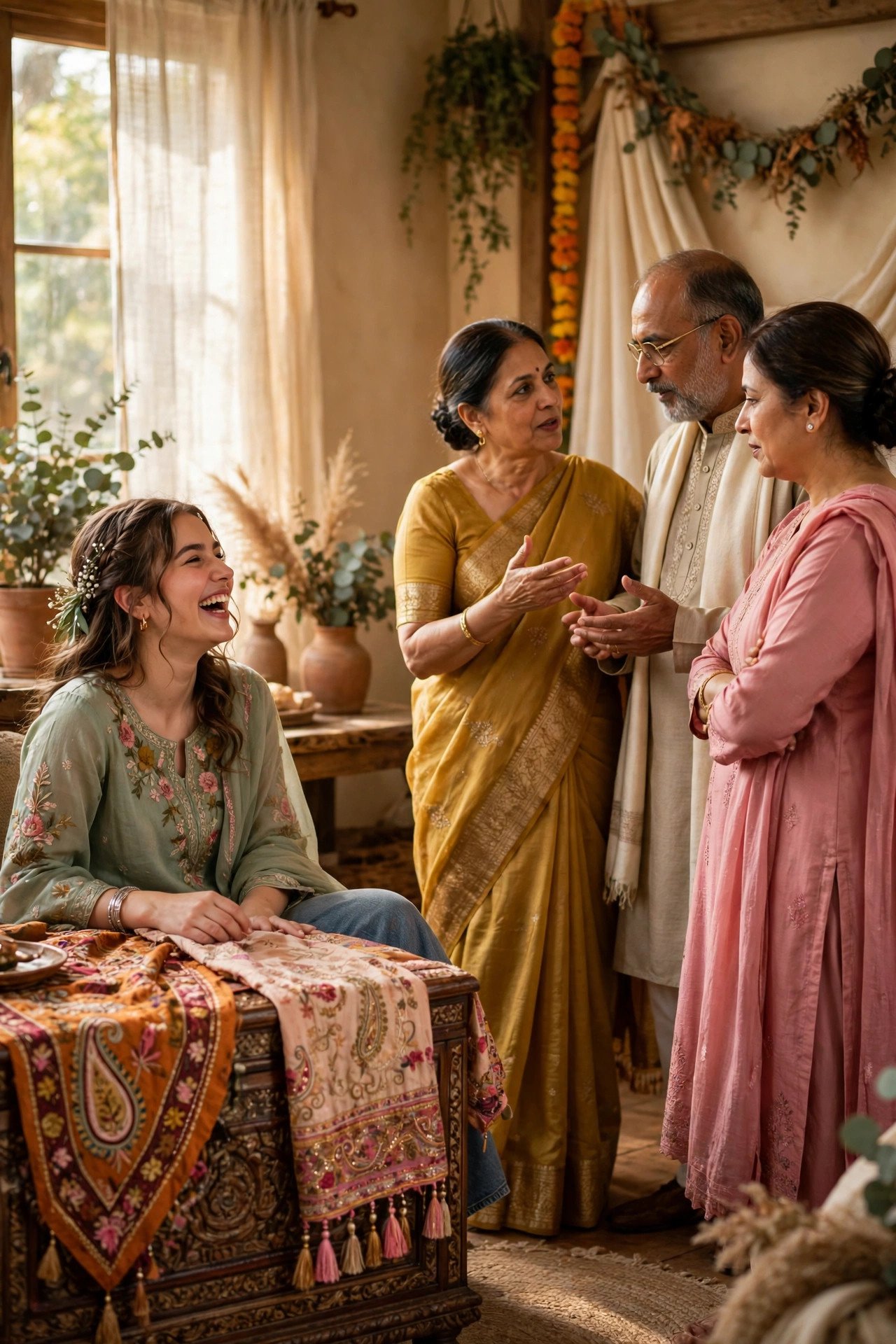 Young relative sitting on a decorated dowry chest laughing while the groom's family negotiates
