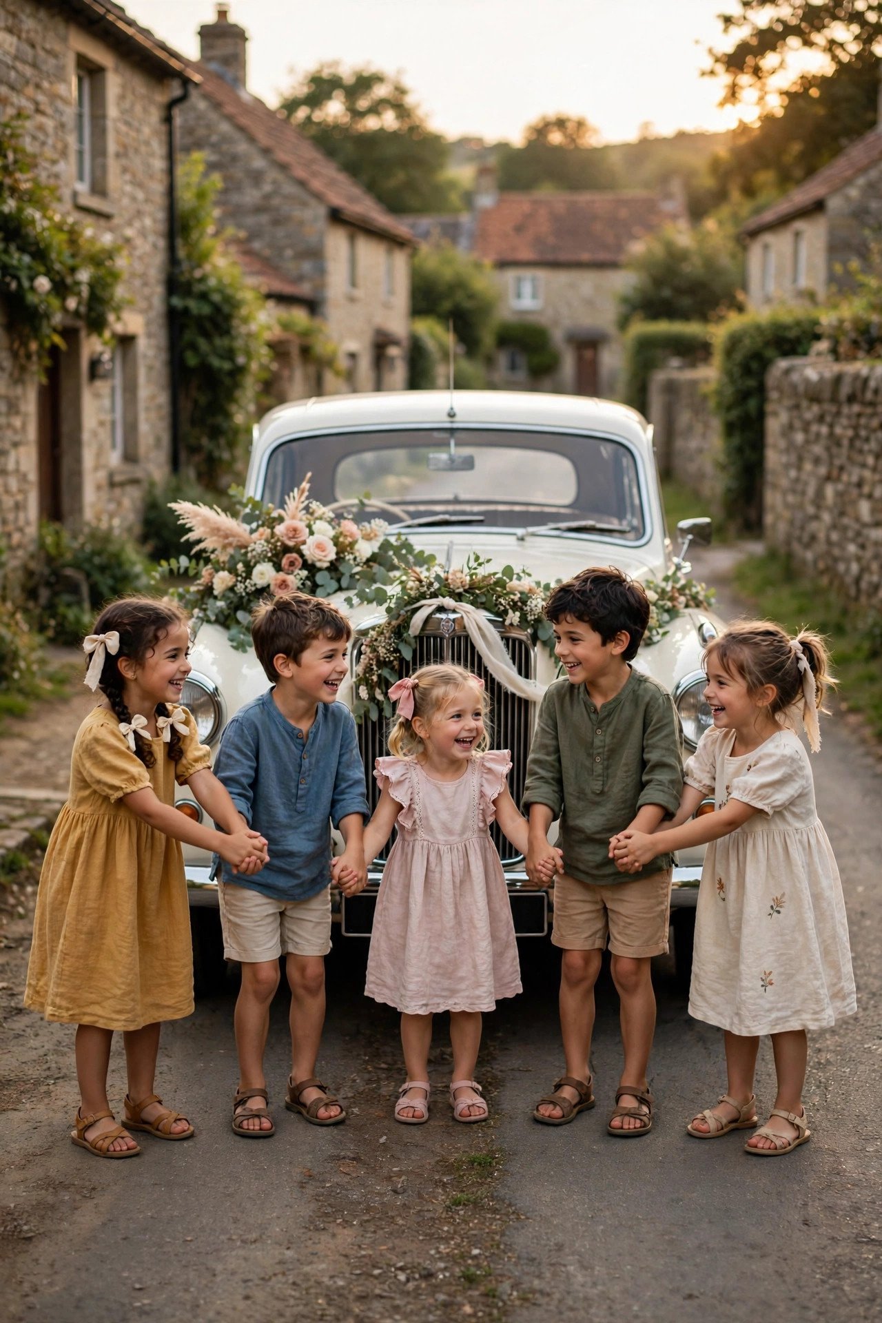 Children playfully blocking a decorated wedding car on a village road