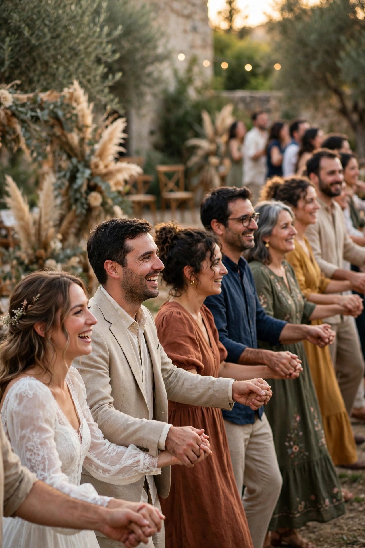 Long line of guests holding hands and dancing the halay at a wedding reception
