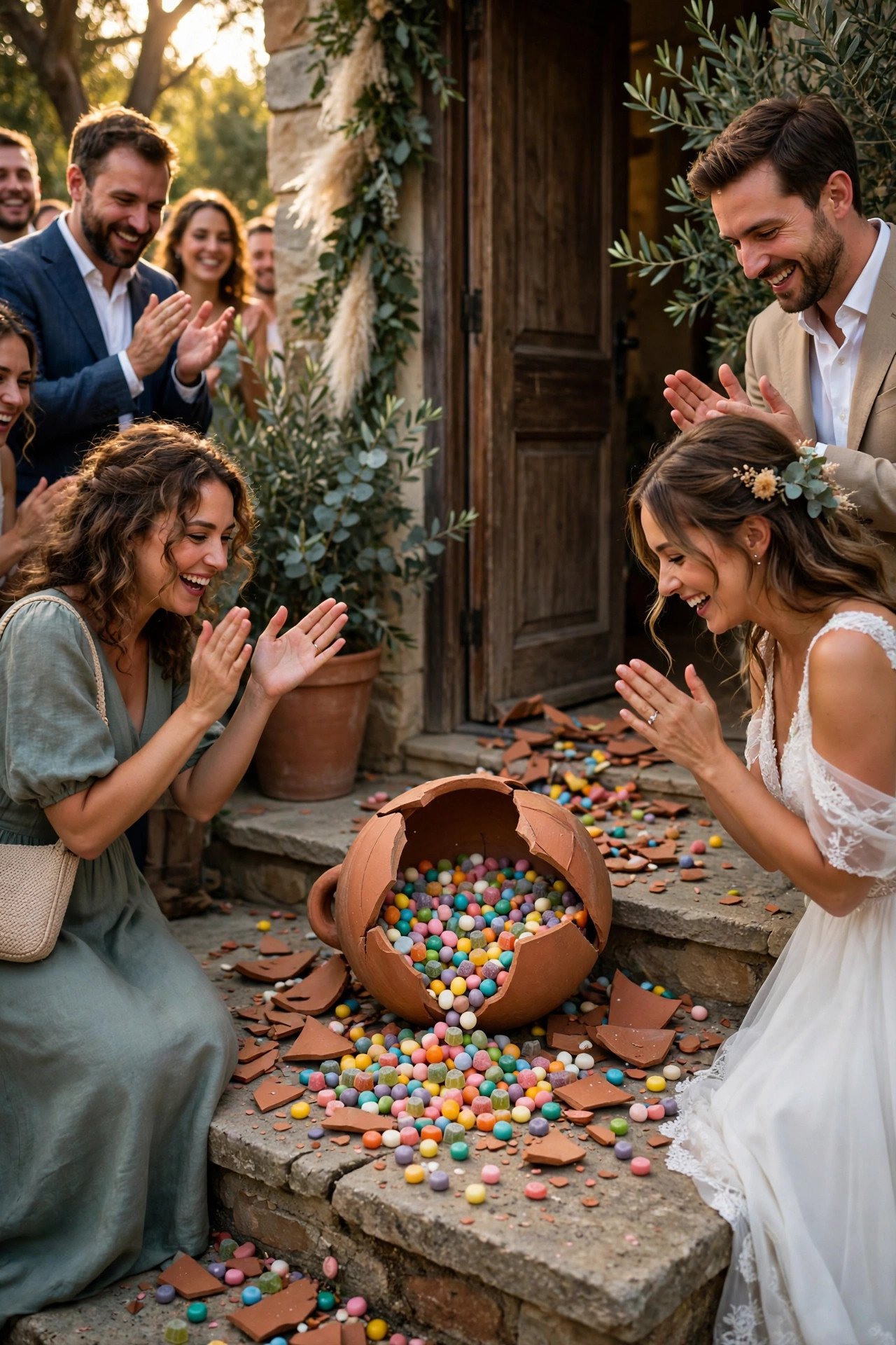 Clay pot filled with candies broken on a doorstep as guests cheer