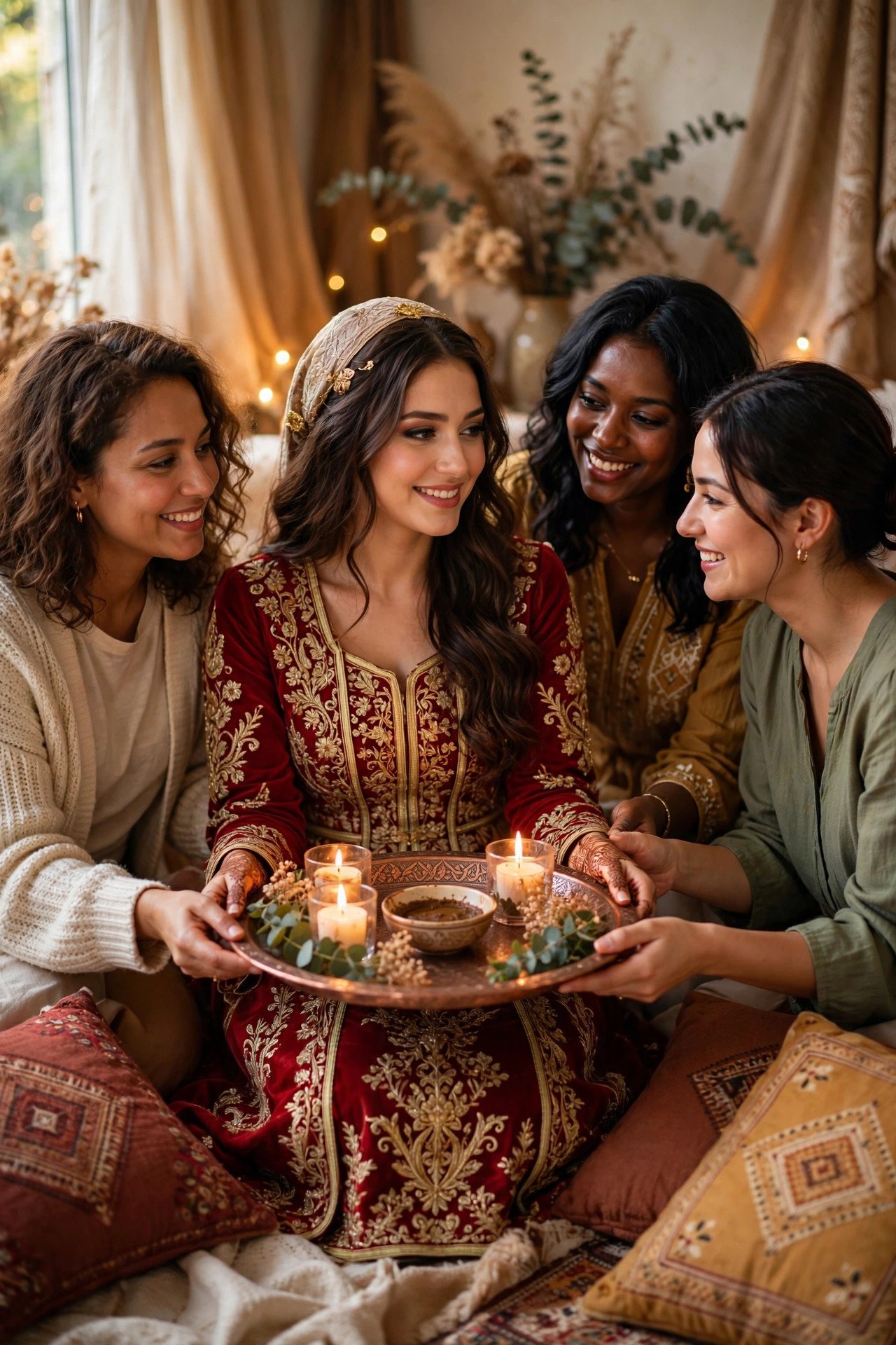 Turkish bride in an embroidered red bindalli dress at her henna night surrounded by friends holding a henna tray with candles