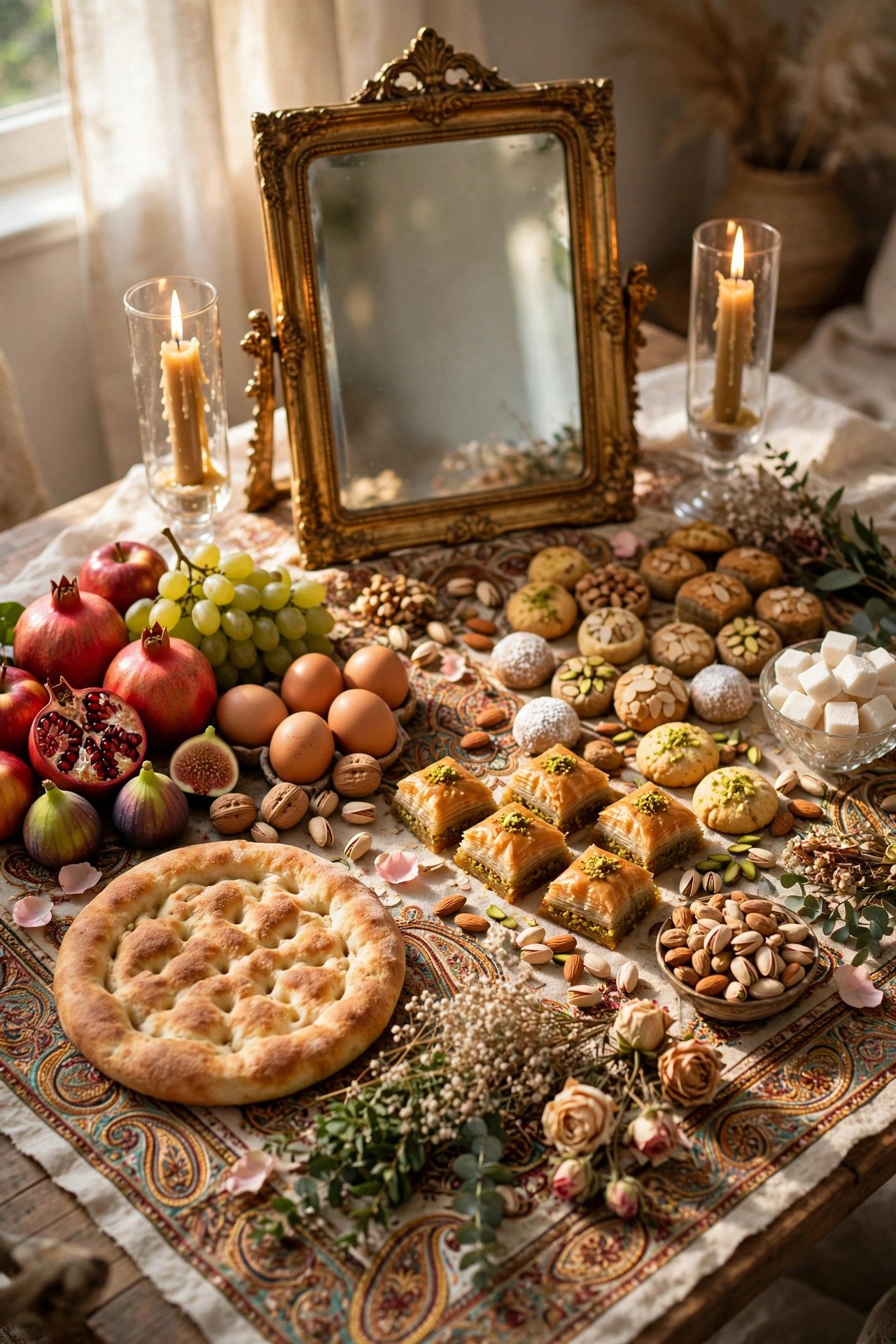 Full sofreh aghd spread with mirror, candles, bread, fruit, eggs and sweets on an ornate cloth