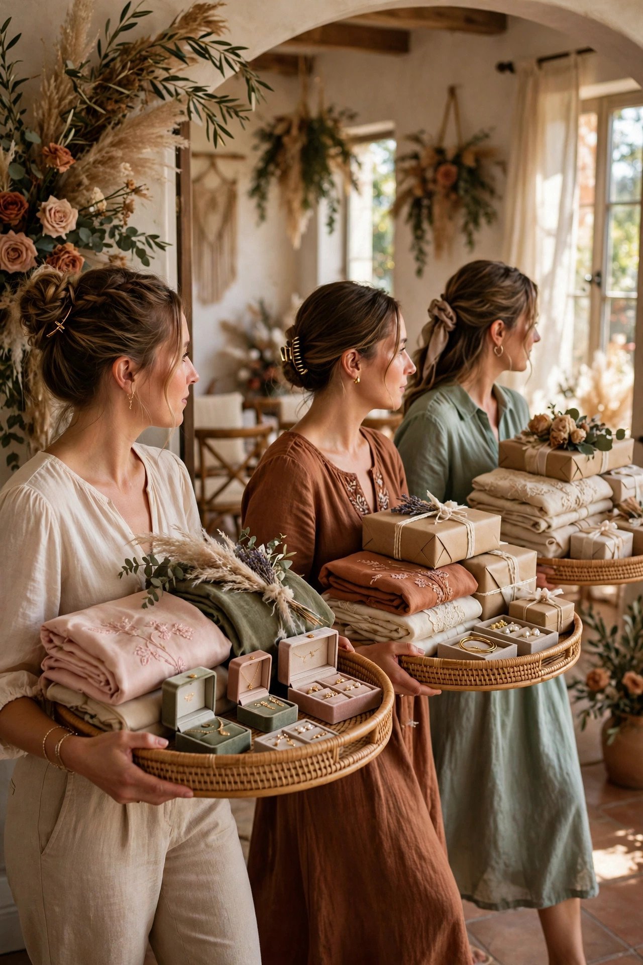 Decorated trays of fabric, jewelry and gifts being carried into a ceremony room