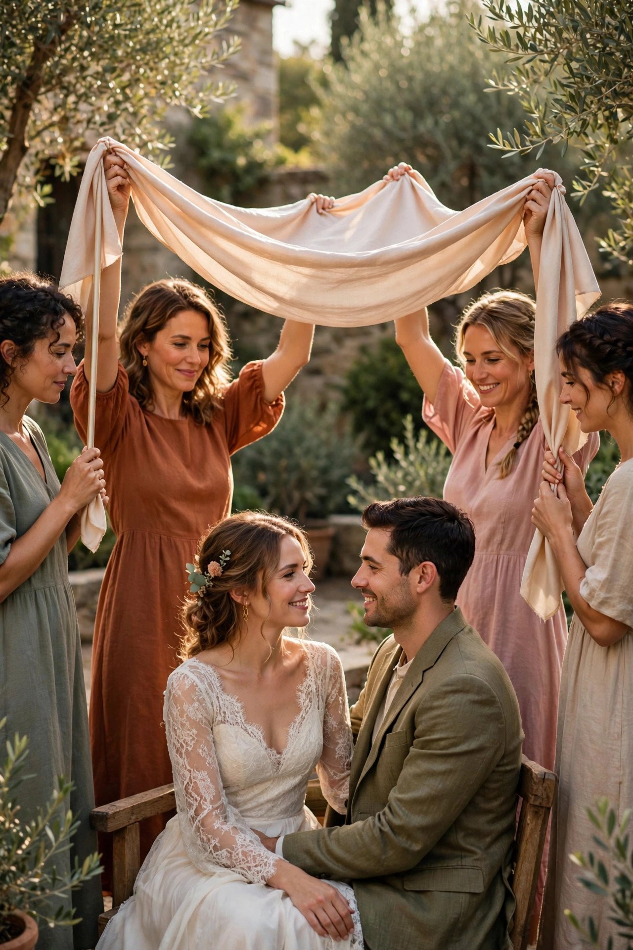 Women holding a silk cloth canopy over a seated couple during their wedding ceremony