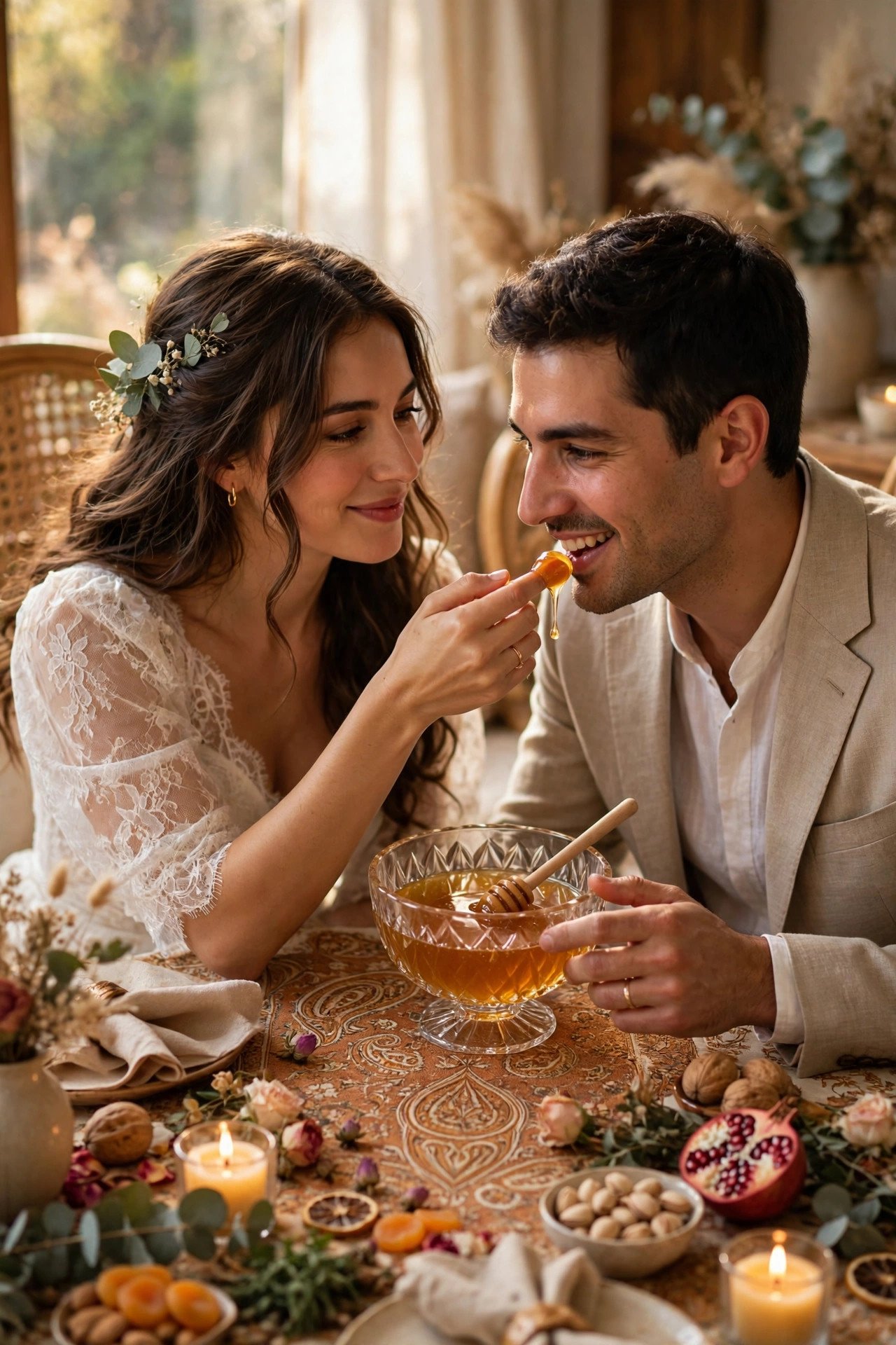 Couple feeding each other honey with fingertips from a crystal bowl at the sofreh
