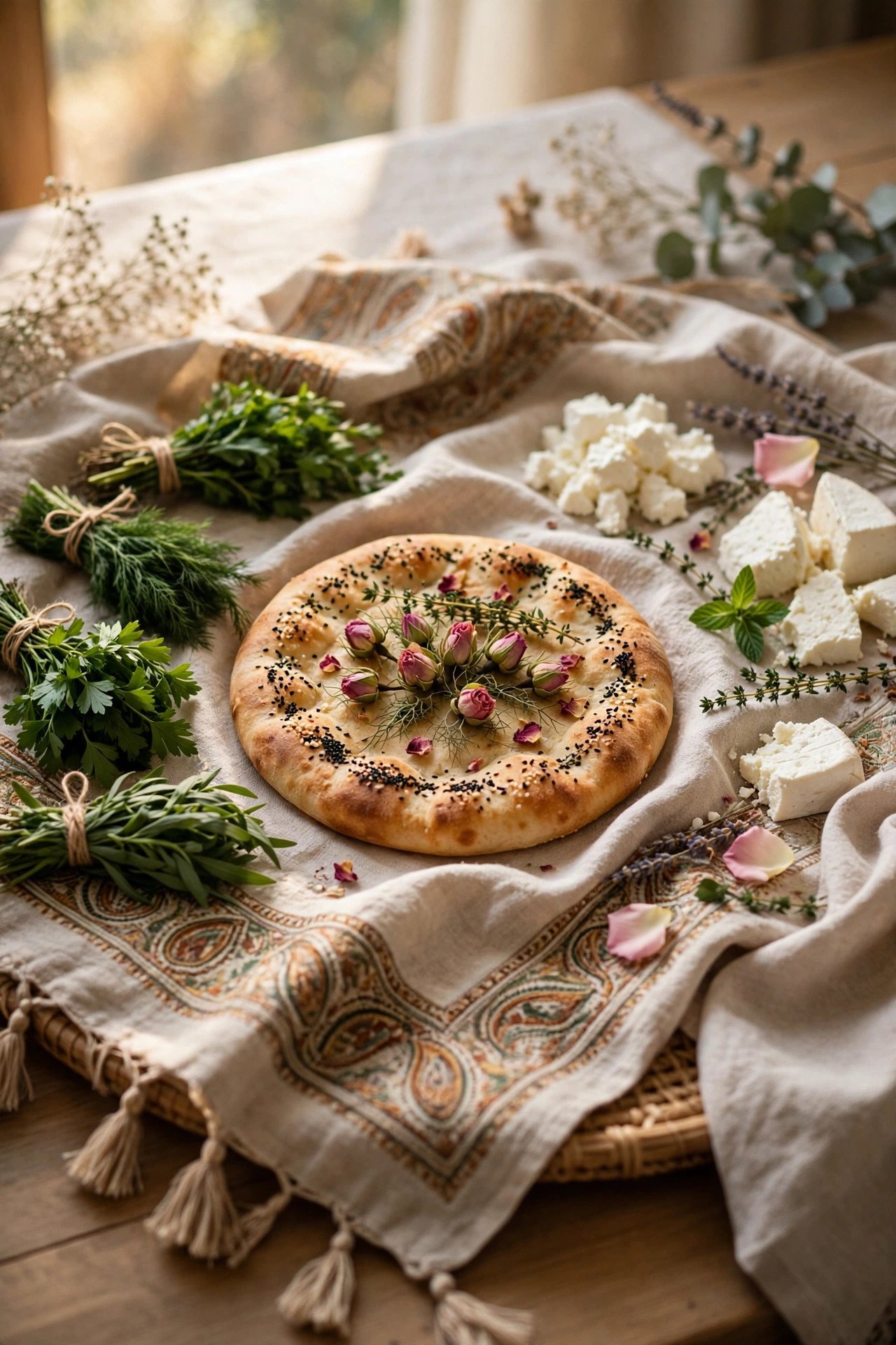 Decorated flatbread, white cheese and fresh herb bundles arranged on a sofreh
