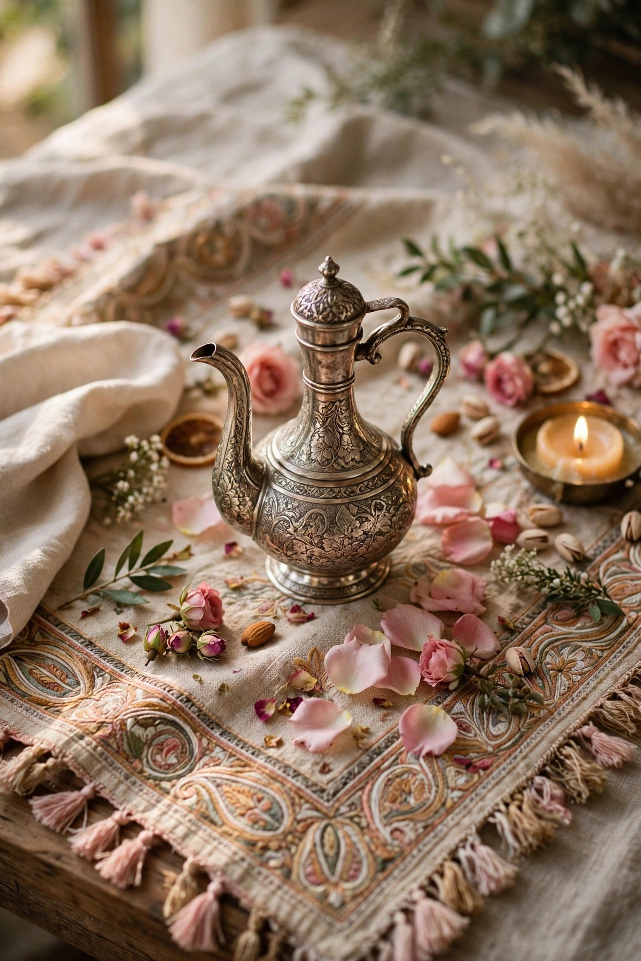 Ornate silver flask of rosewater with rose petals on a sofreh