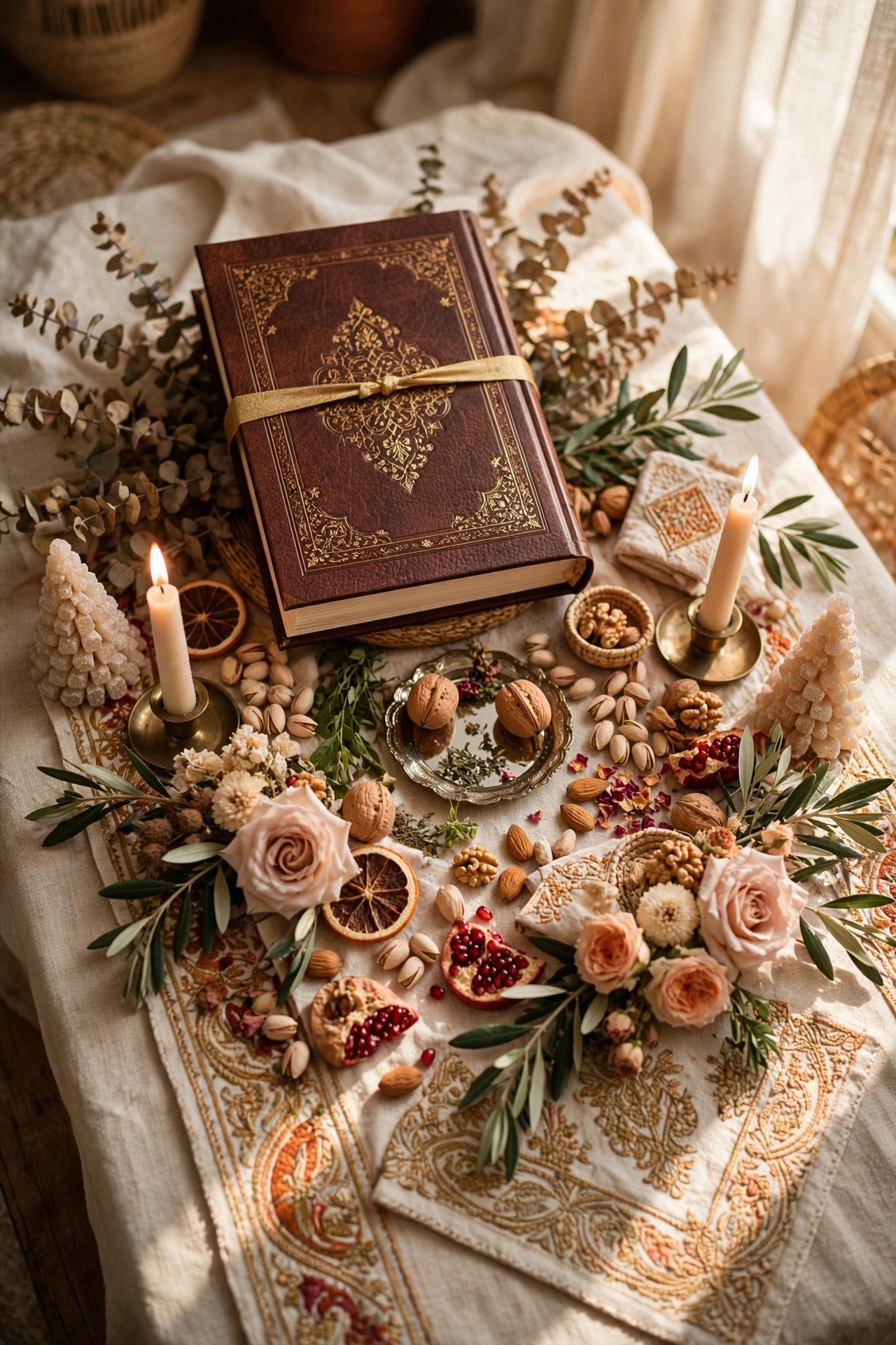 Beautifully bound book placed respectfully at the head of a sofreh arrangement