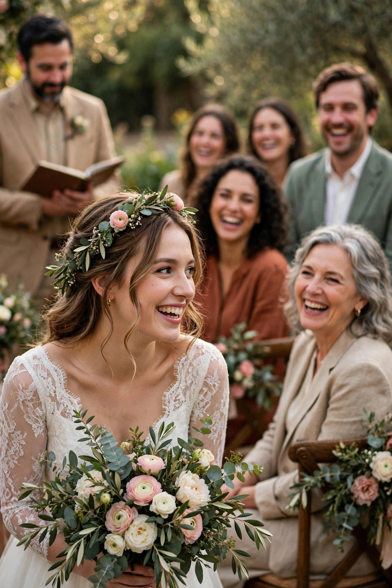 Smiling bride pausing playfully while guests laugh during the vow reading