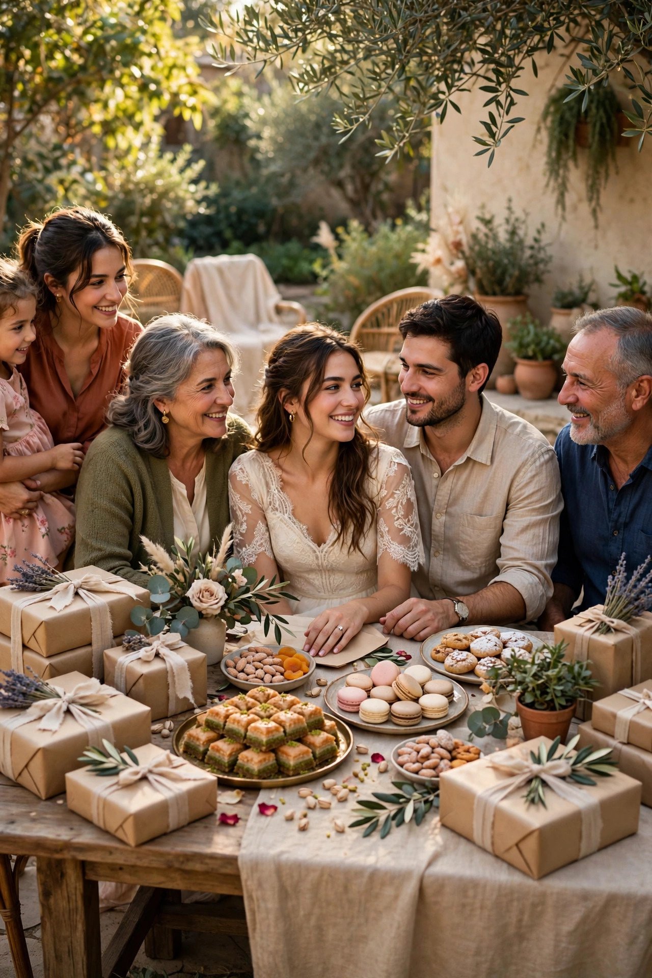 Family celebration with trays of sweets and gifts at an engagement gathering