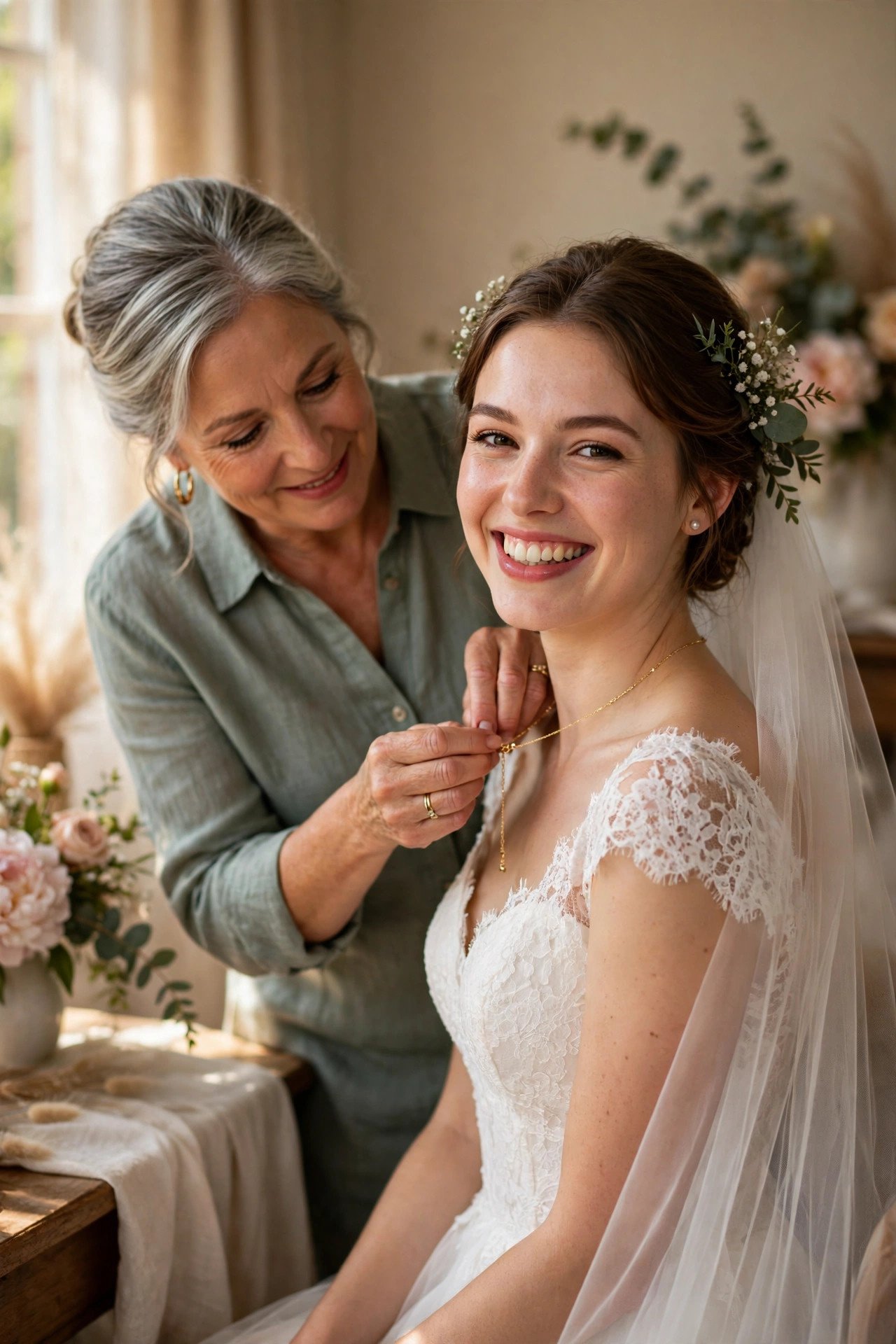 Future mother-in-law fastening a gold necklace on a smiling bride