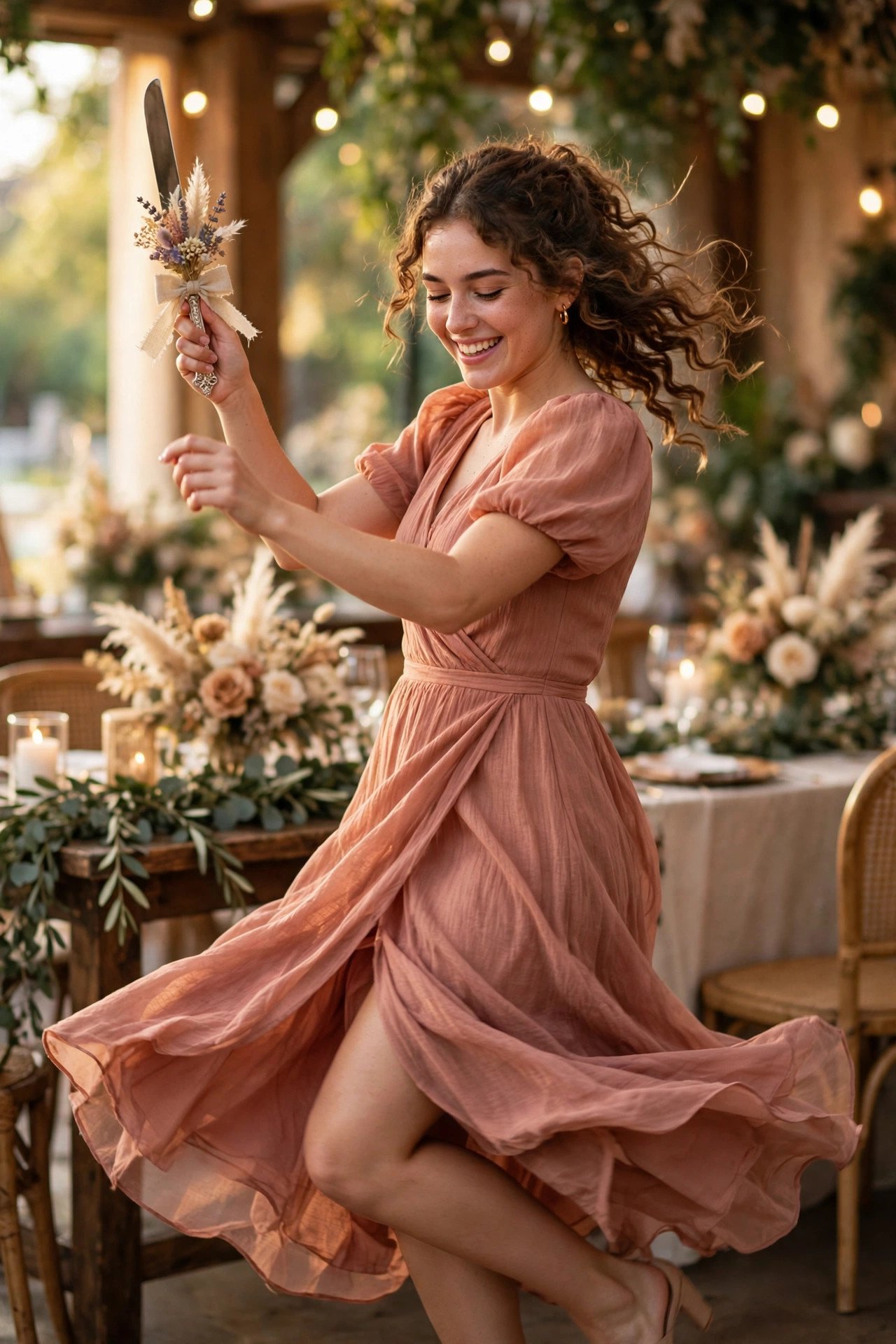Bridesmaid dancing gracefully while holding a decorated cake knife at a reception